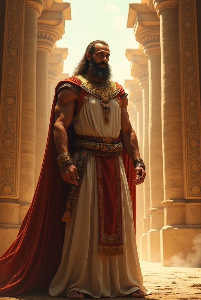 Young Middle Eastern man with long hair and beard wearing a white robe walking barefoot at night amid ancient ruins.
