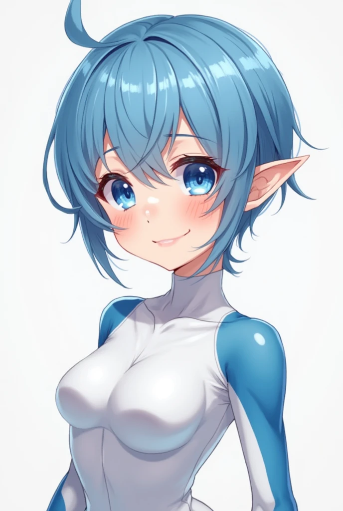 Absurdres, masterpiece, highest quality, very detailed features and textures, alone solo character, anime style, fantasy genre
{{(14 years old blue haired elf girl: (pale skin, short messy spiky sapphire blue hair, heterochromatic eyes, very thin lips, nice teenage body, breasts, big butt, beautiful arms, beautiful legs, happy face, open smile, running happy), (white bodysuit, white sleeves, white gloves, white longboots), (danish city street, sunny morning, danish houses around)}}