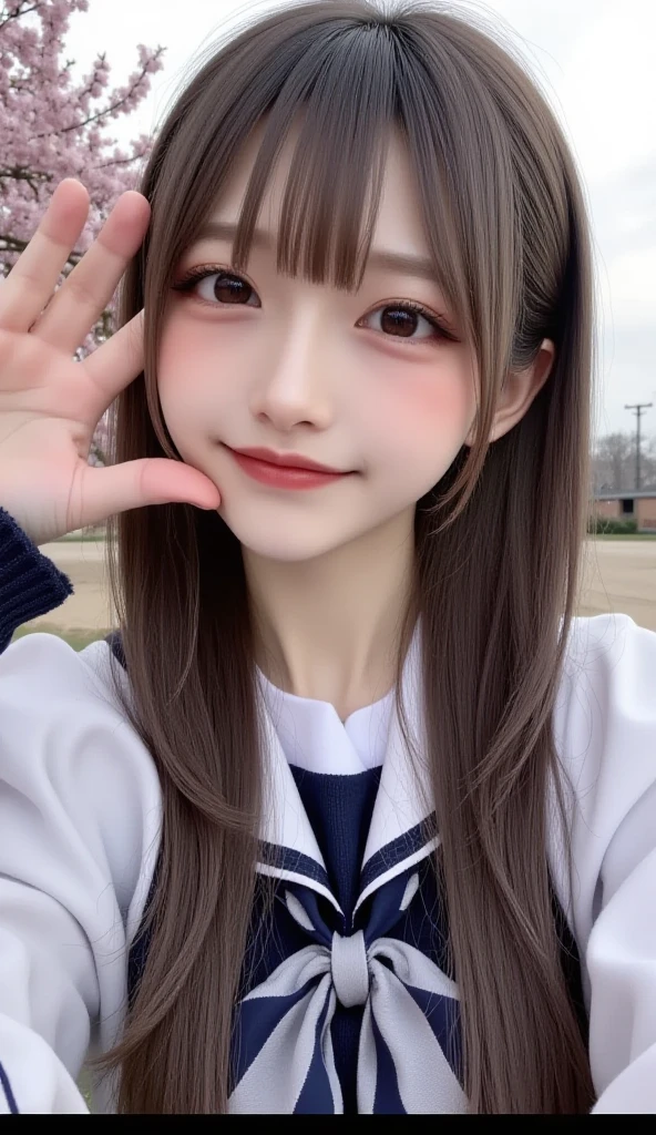 one girl, (a beauty girl, delicate girl:1.3), (18-year-old:1.3),
break, (spring, cute uniform:1.3),
break, (Street view:1.3), (cherry blossoms fall:1.3), (wool gloves), perfectly trimmed fingers,
break, very fine resolution, (symmetrical eyes:1.3),
break, small breasts, brown eyes, parted bangs, brown hair, girl,
break, (Eye and face details:1.0), (get closer to the face, enlarge the face, face focus:1.0),close up of face,
break, (masterpiece, highest quality, Super detailed, detailed face, 8K),SakuraFubuki,cherry blossom petals,smile,random pose、blue eyes、white gloves,ponytail、SakuraFubuki、gloves、break,dynamic pose,smile、horizontally in front of your face、beautiful hands、correct movement