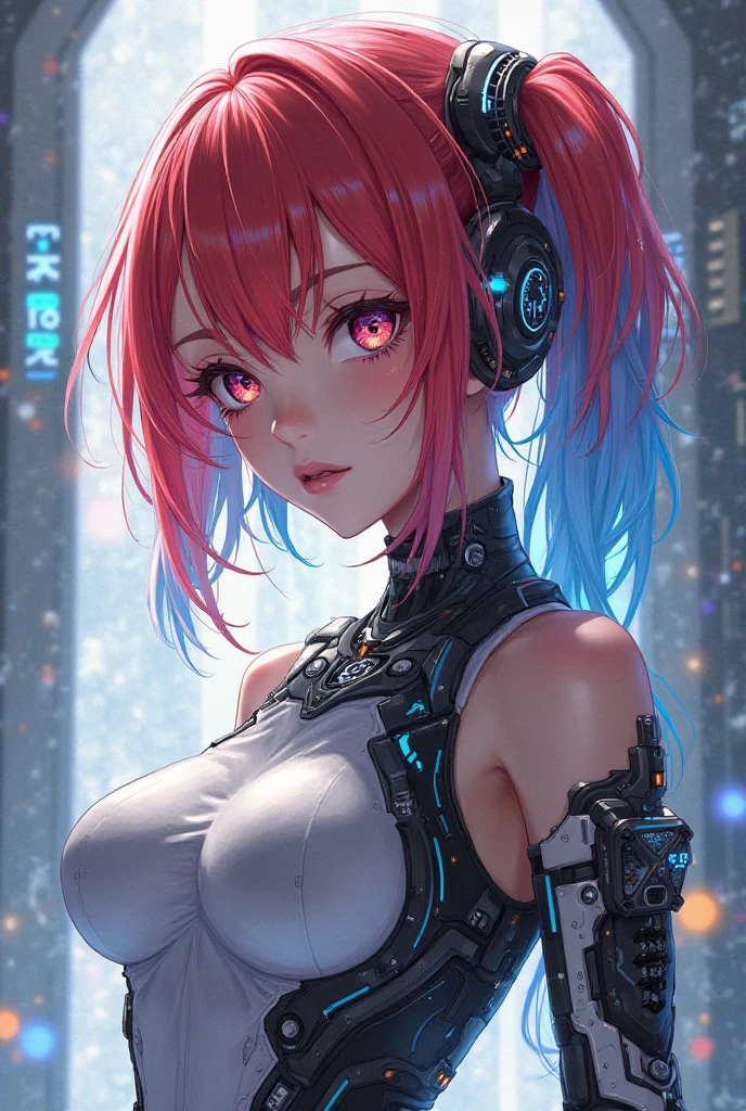 (masterpiece), (best quality), (illustration), (pop art background), (beautiful lady), (skinny), (pale skin), //deep-orange_red hair, long_wavy hair, twin-braid//, //emerald-green eyes//, nose, (shiny thin lip), smile, (huge breasts:0.8), cleavage, //white tight-cardigan//, //black headphones, hair_ribbon, cropped_t-shirt, choker//, looking at viewer, upper body, ink, 