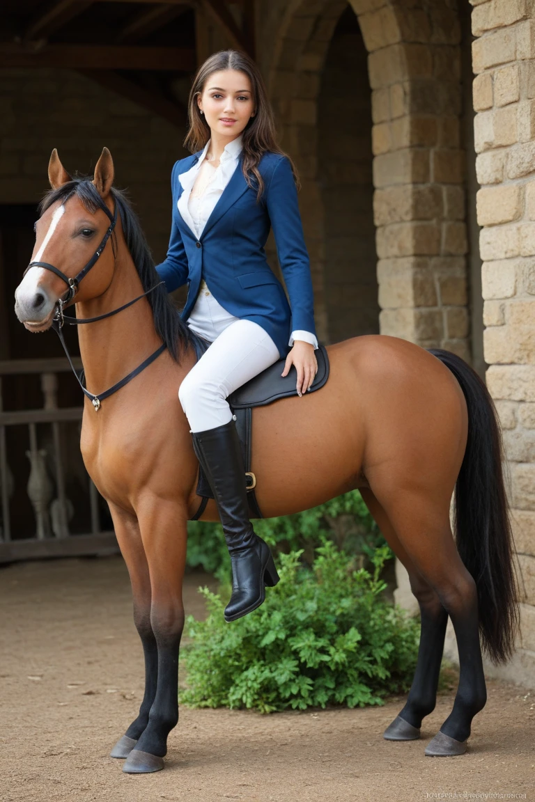 Tall beautiful brunette woman on horseback