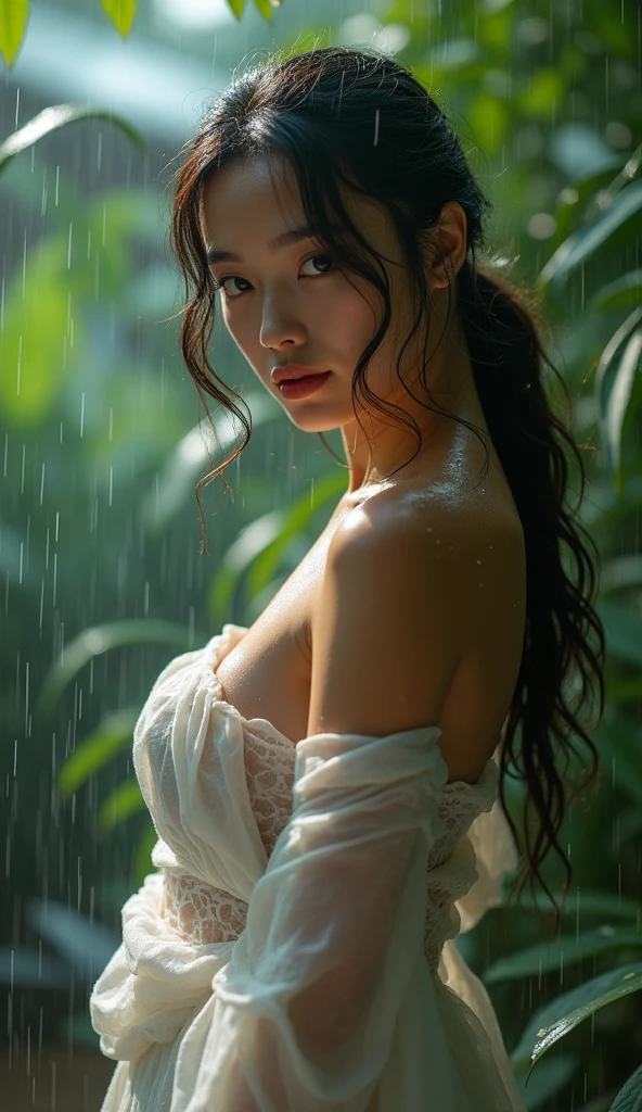 there a woman sitting on a chair in the rain, holding lotus flower with (((eyes closed))), traditional beauty, rainy afternoon, beautiful digital artwork, day after raining, by Rudy Siswanto, inspired by Rudy Siswanto, rainy day outside, after the rain, just after rain, under rain, rainy mood, beautiful realistic photo, on a rainy day, raining portrait, rainy day, raining (masterpiece, best quality:1.2),(8k,highres,RAW photo,realistic,photo-realistic:1.3),(detailed skin texture,detailed cloth texture,beautiful detailed face:1.25),professional lighting,photon mapping,beautiful soft light,radiosity,physically-based rendering,model shoot style, model shoot style, (extremely detailed CG unity 8k wallpaper), full shot body photo of the most beautiful artwork in the world, complex 3d render ultra detailed, looking at viewer, 18 yo, wet hair, real human skin, vibrant details, hyperrealistic, beautiful, octane render, an extremely delicate and beautiful, extremely detailed ,CG ,unity ,wallpaper,Amazing, finely detail,official art,extreme detailed eyes, (perfect face), shiny skin, colorful, highest detailed, vibrant colors, ultra high res, (high contrast), intricate, lens flare