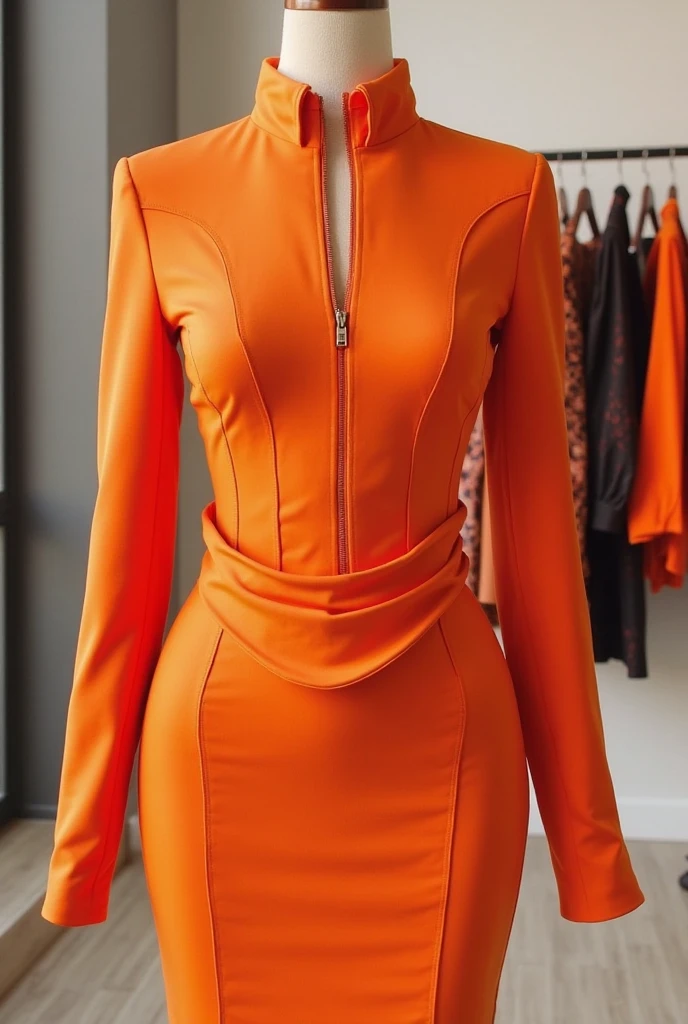 indian girl of 25 years having figure but having very thin waist, large hips and prominent medium size firm breast with striking and delicate facial and bodily features, having black eyes and hair where hair is medium size and side parted, wearing orange turtle neck and and tight small black pencil skirt, sexy looking, seductive, girl of modern society, full body picture, fair complexion, hot body curves