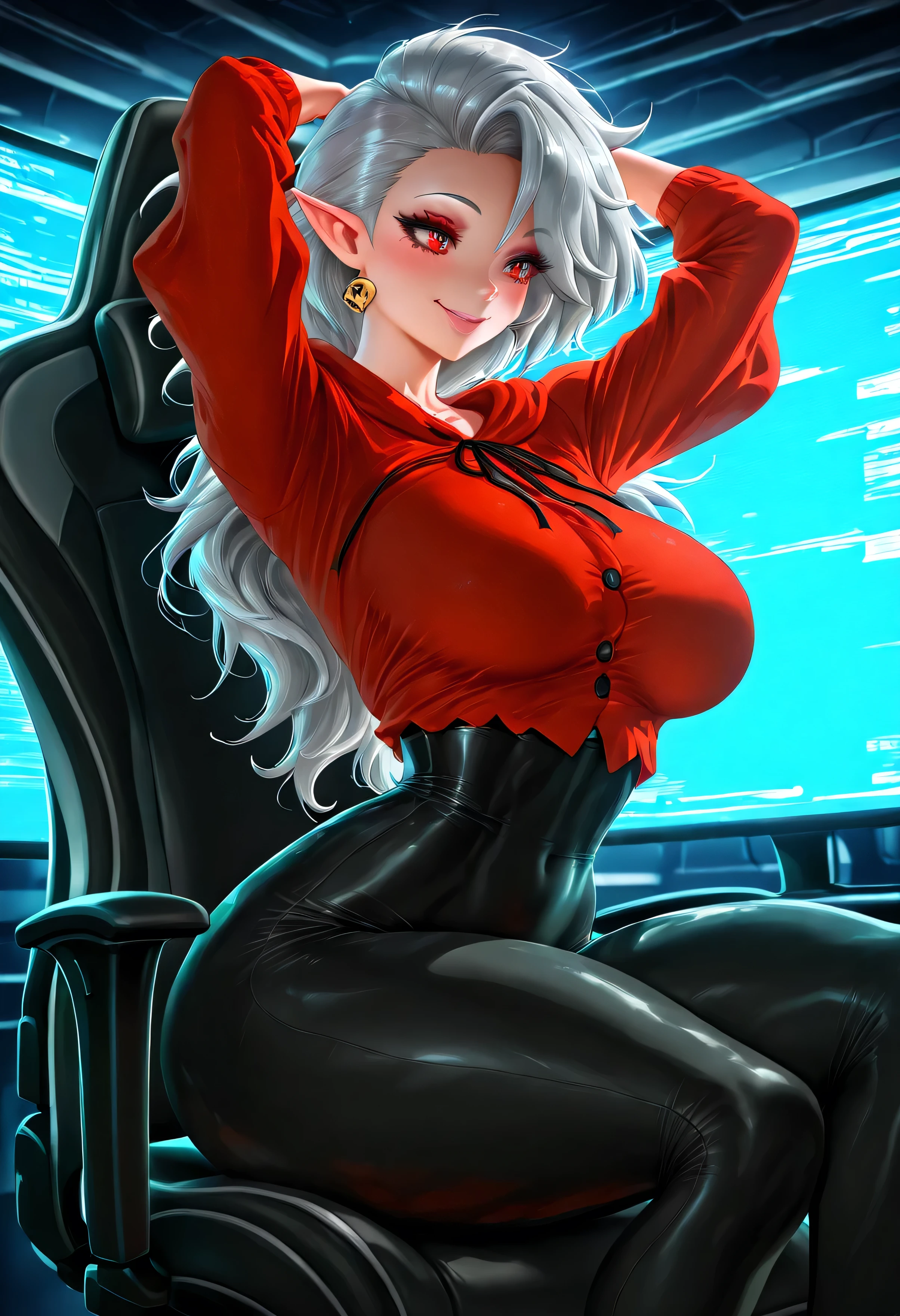 (sakimichan) , (score_9 , score_8_up , score_7_up) , 1dk , 8k , masterpiece , high quality , (Expressiveh:0 . 8) Loona hellhound,LARGE breast,masterpiece,8k,perfect anatomy,gaming chair,gamer,set up,monitor,happy,neon,opern legs,arms up, elf