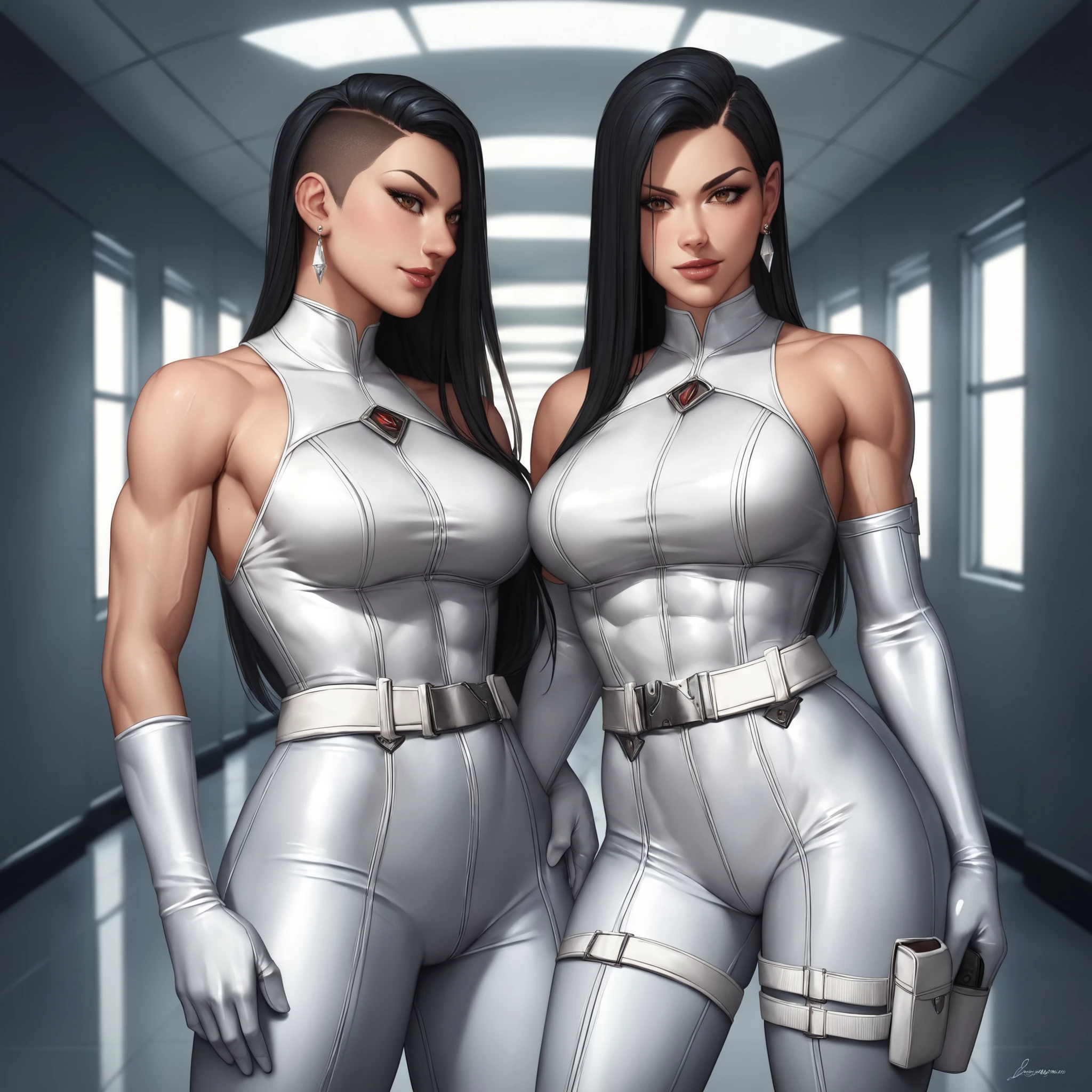 2Beautiful Woman,  Thicc, blusa corta blanca atada, escote grande, pantalones cortos, senos masivos, ojos rosados, pelo blanco mechones rosados, Colas gemelas, Detalles de la flor de loto, Sarcastic smile, Touches of star and heart, tinta, realista, Texturas, 8k, Mano perfecta, Perfect anatomy, sexy, Dos personas
