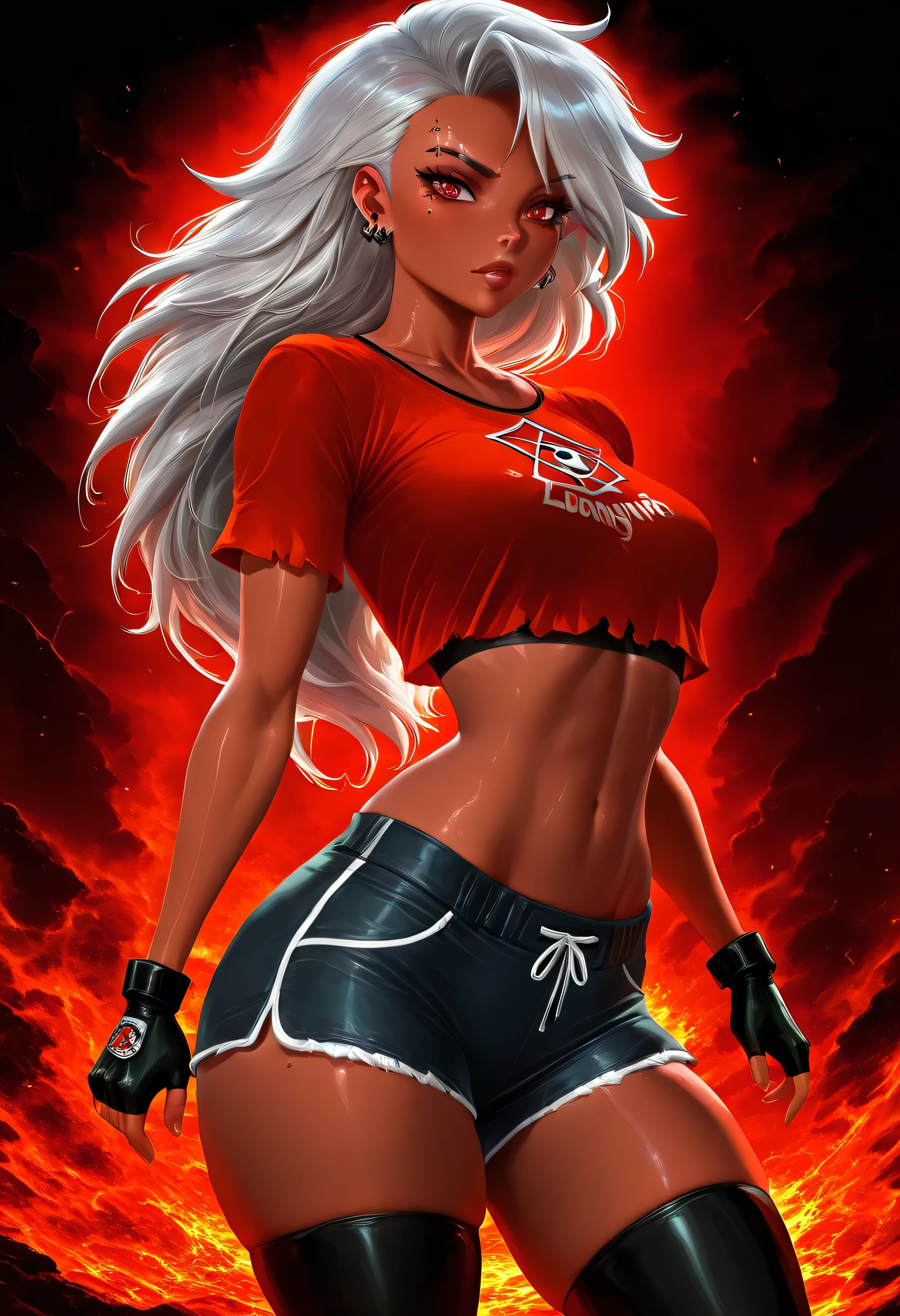 (sakimichan) , (score_9 , score_8_up , score_7_up) , 1dk , 8k , masterpiece , high quality , (Expressiveh:0 . 8) (loona:1.2), tan skin, silver gray hair, (loonacroptop, loonashorts, crop top, shirt, topwear, shorts, bottomwear, pentagram:1.2), black sneakers, thighhighs, stockings, legwear, fingerless gloves, ear piercing, ear ring, eyebrow piercing, eyebrow ring, (red eyes:1.5), (hellhound), hell, hell theme, hell background, (realistic:1.2), (masterpiece:1.2), (full-body-shot:1.2),(Cowboy-shot:1.2), neon lighting, dark romantic lighting, (highly detailed:1.2),(detailed face:1.2), (gradients), colorful, detailed eyes, (detailed landscape:1.2), (natural lighting:1.2),(detailed background), detailed landscape, (glamour pose:1.2), solo,