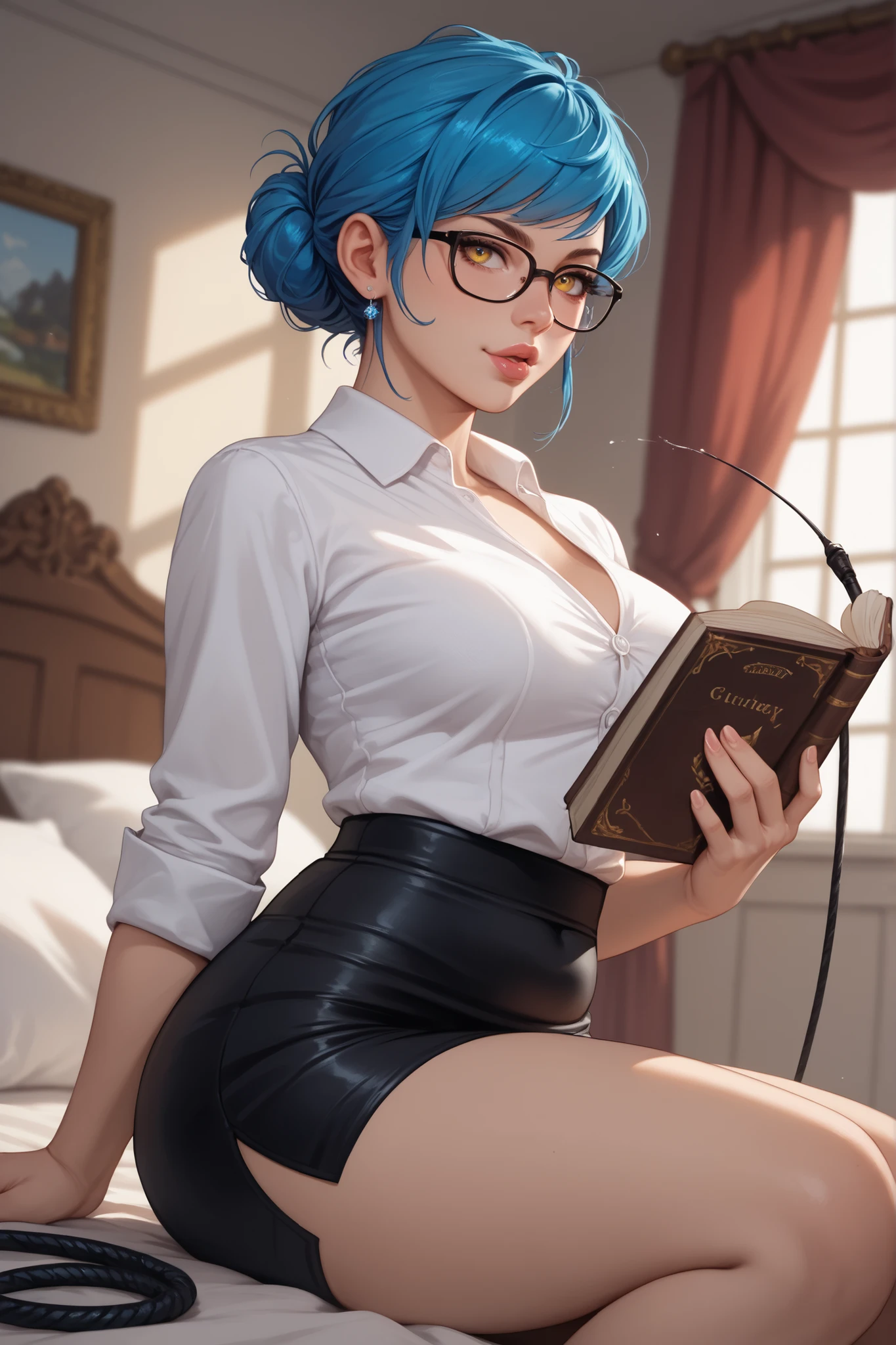(pintura digital), (melhor qualidade),uma pintura de uma mulher sexy ,cabelo branco muito atraente  com um livro e um cachorro, altamente detalhada ,peitos grandes e sexy com decote , scifi religioso, magic realism , Surrealismo pop estilo de arte lowbrow, arte lowbrow, rob mcnaughton, Directed by: Dave Arredondo, Directed by: Aaron Jasinski, Surrealismo lowbrow, Benjamim Lacombe, gnosticismo, alta qualidade ,olhos azuis , Mulher perfeita