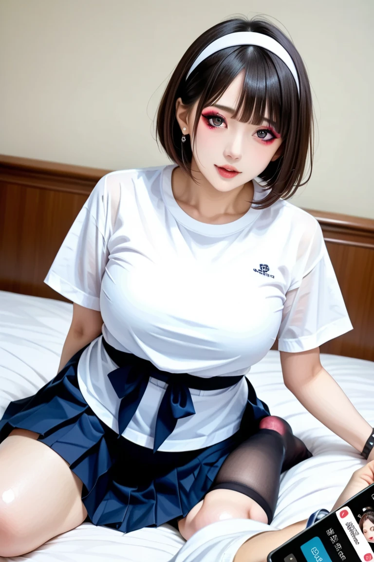 photorealistic, high resolution, totally clear, white background, 13 year-old asian curvy little child colorful blue eyes(tight-long-sleeves)(cotton-shorts1.2)pale skin, short bob hair red, headband, beautiful college girl, uniform, ((long toned legs, big buttocks, large breast)) anime girl , ashamed , blushes , innocent and naive girl, soaked, shiny eyes , lip gloss , stockings , cheerleader leader, most popular in school, she has had boyfriend anyway