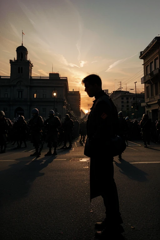 leogirl, realistic photography, <lora:add-detail-xl:0.3>,
A lone man stands defiantly in front of a line of riot police, bathed in the golden hour light during a protest for freedom. He holds a flag billowing in the wind as the silhouette of the police forms a dramatic backdrop.