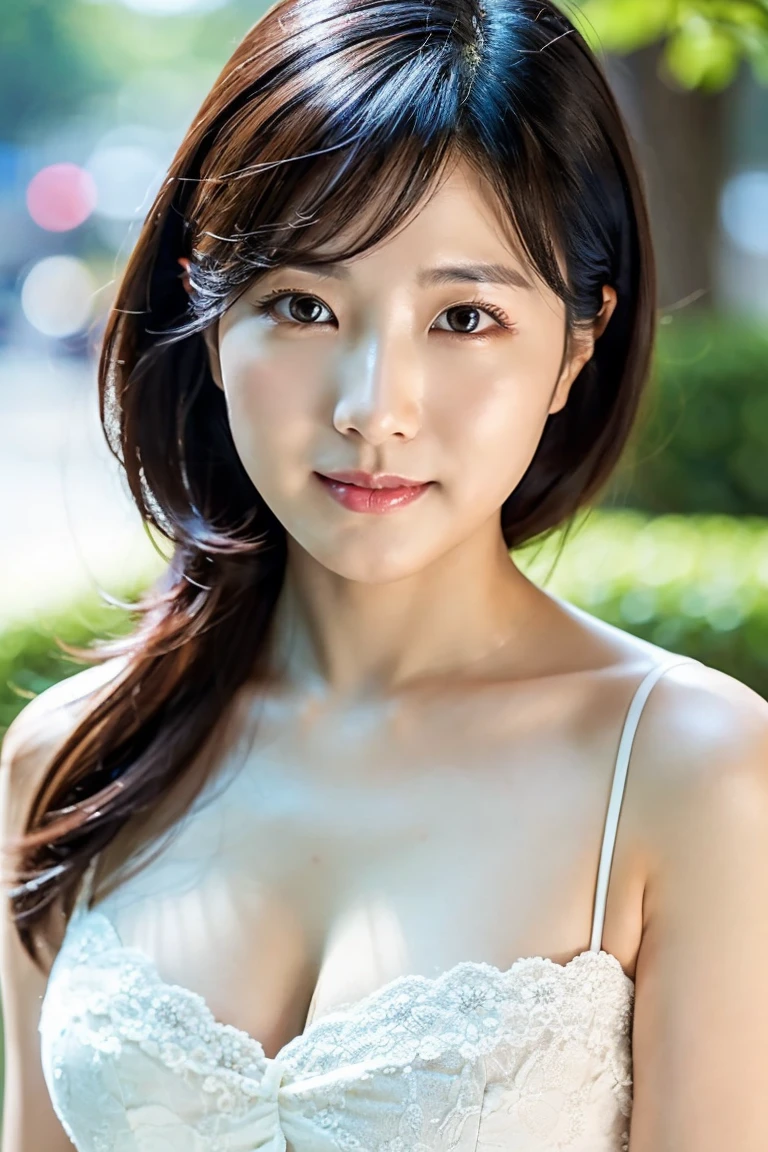 30 years old woman, milf, RAW photo, (photorealistic:1.4, realistic), highly detailed CG unified 8K wallpapers, 1girl, ((thick body:0.7)), (clevage, huge breasts:1.2), looking at viewer, ((straight from front)), (HQ skin:1.8), 8k uhd, dslr, soft lighting, high quality, film grain, Fujifilm XT3, ((white dress)), (((outdoor, at park))) <lora:zeeasadel_v1.0:0.8> zeeasadel