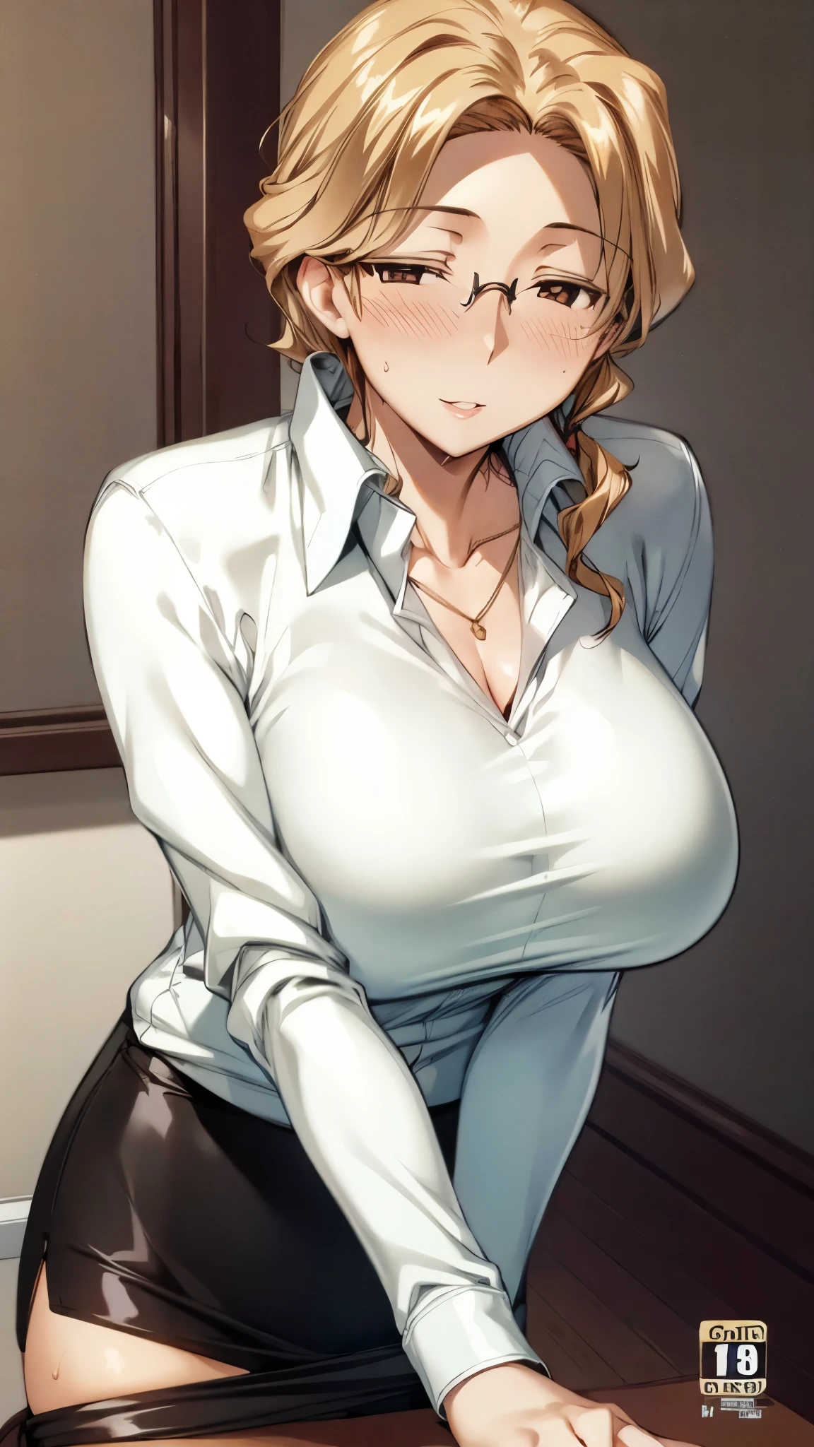 (super quality,ultra high resolution,16k,Super Masterpiece,Ultra HD ,detailed shading and background,)sexy mature woman, Gold,glasses,sexy white shirt with cuffed sleeves,tight tight skirt,cleavage,necklace,Big Breasts,cover,Open your lips a little,Leaning forward greatly,living room,