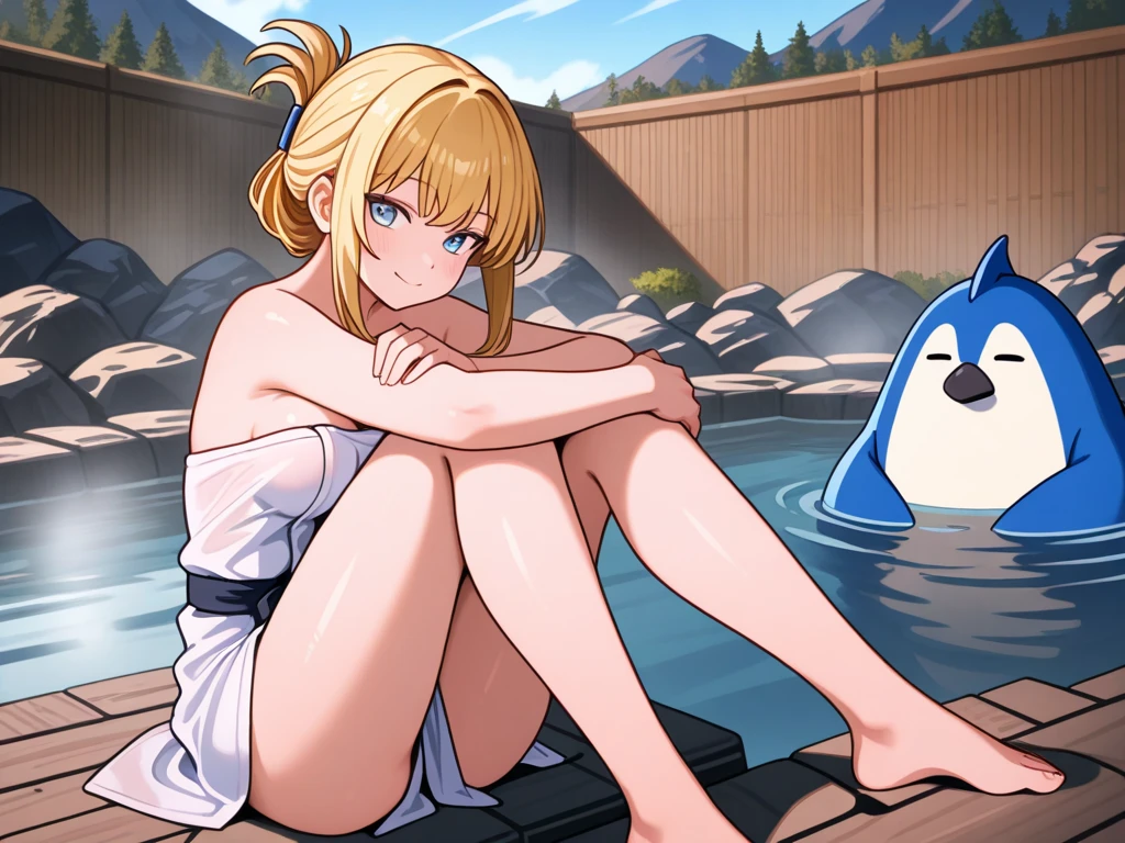Artoria Pendragon from the anime Fate Stay Night having a beer on the beach with a shark in the background