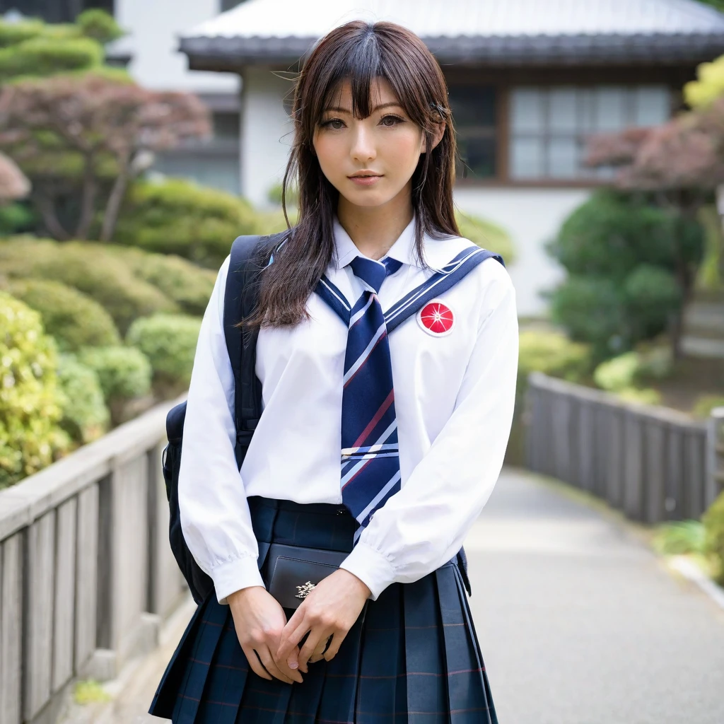 Japanese 18 year old high school girl、Navy blue blazer uniform、Red checkered mini skirt、Edo period streetscape
