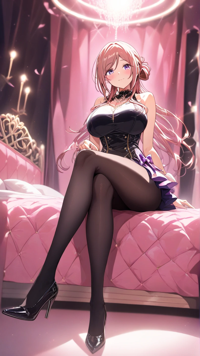 masterpiece,highres, high quality, 1girl, solo, Marin kitagawa, cosplay, long hair, blonde hair, gothic dress, goth makeup, breasts, nipple, breasts out, chair, sitting, look fluffy and loveless, eyeshadows goth, fishnet pants, boots