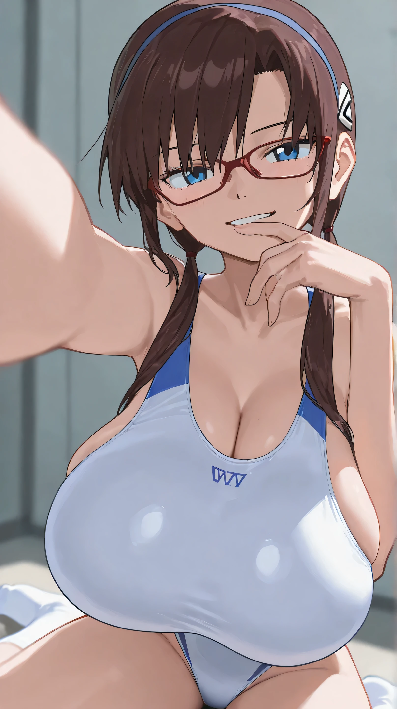 top quality, masterpiece, 748cm style,1 girl,Neon Genesis Evangelion,Makinami Mari Illustrious、long hair、 Hair、twin tails、(低い twin tails :1.5)、headband、青い headband、blue eyes、glasses( split bangs :1.5)、((white competitive swimsuit))、competition swimsuit、smile、( popup:1.7)、(too big chewy :1.7)、hyper breasts、front、close your mouth、socks、front
