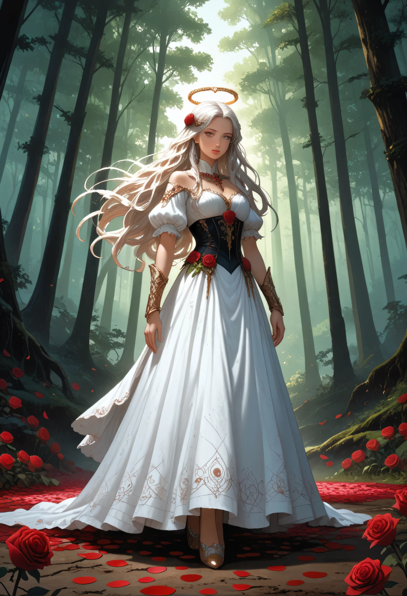 score_9, score_8_up, score_7_up, score_6_up, score_5_up, score_4_up,, anime comic illustration fantasy art, an of an a beautiful female angel standing in forest, red rose petals swirling around the angel, full body,  beautiful angel, long  hair strands, wearing intricate,  dress, flowing rose petals, swirling rose petals, fantasy forest background, it is dawn the sun rays reflect on the angel, sun rays hit the rose petals, ((high contrast: 1.5), [[anatomically correct]], high details, best quality, 8k, [ultra detailed], masterpiece, best quality, (extremely detailed), dynamic angle, ice queen