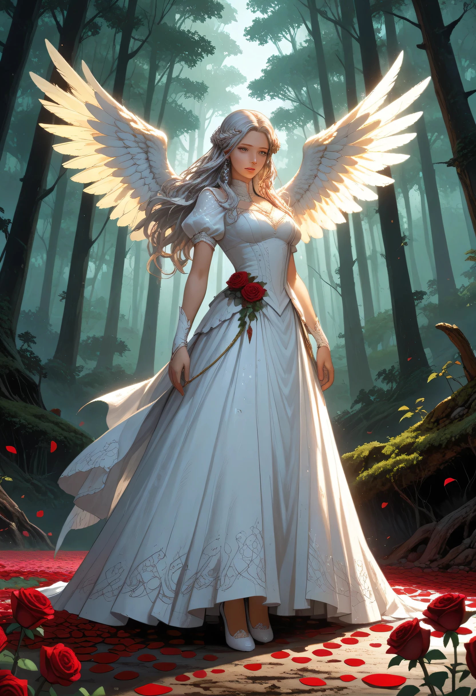 score_9, score_8_up, score_7_up, score_6_up, score_5_up, score_4_up,, anime comic illustration fantasy art, an of an a beautiful female angel standing in forest, red rose petals swirling around the angel, full body,  beautiful angel, long  hair strands, wearing intricate,  dress, flowing rose petals, swirling rose petals, fantasy forest background, it is dawn the sun rays reflect on the angel, sun rays hit the rose petals, ((high contrast: 1.5), [[anatomically correct]], high details, best quality, 8k, [ultra detailed], masterpiece, best quality, (extremely detailed), dynamic angle, ice queen