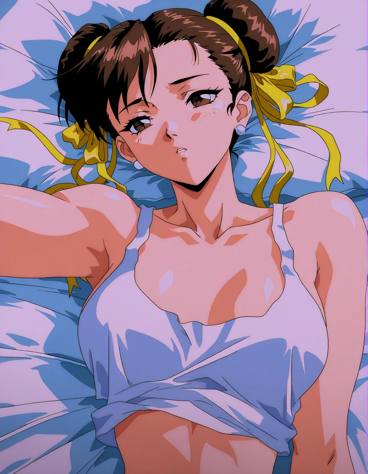 ((best quality)), ((masterpiece)), (detailed), perfect face, brown skin anime woman in a deep V-neck tied top, (bare shoulders), (jeans), starving, (resting hands on the stomach), (hands on the stomach), (slim woman), (smooth and shiny skin), lying down