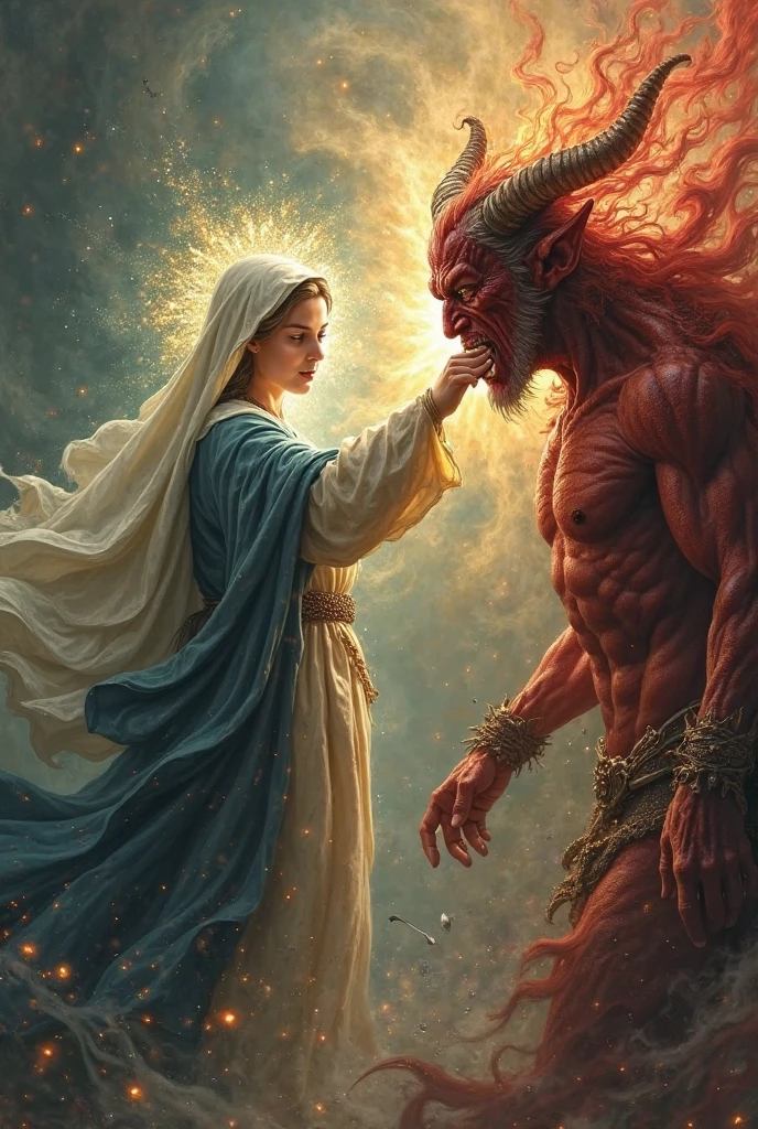 An image that represents life as a raging demon, As death approaches with compassion to take away a grieving mother.
