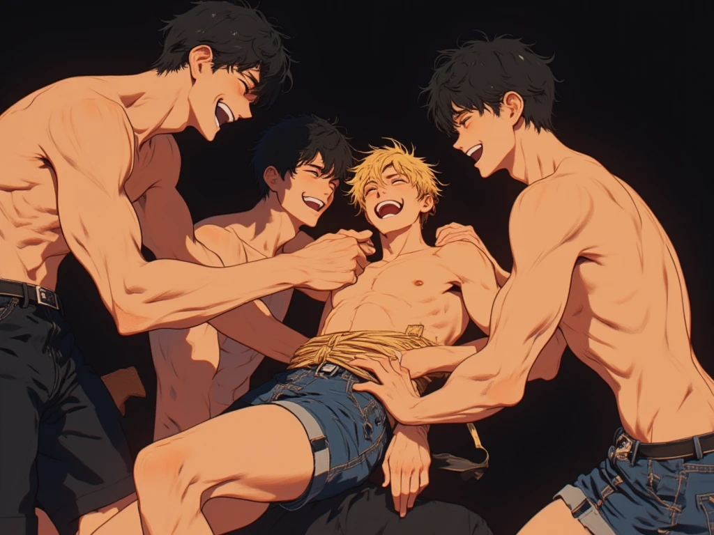 A very handsome male teenager. He has green eyes, curly black hair, and is wearing glasses. His skin is a light brown. He is a little nervous. There are two men on either side of him. They are shirtless and very muscular, wearing only a short thong that shows off their ass a little. They are hugging him. The male teenager is only wearing boxer shorts. They are in a room. Both men are smiling. One of the men is blond. The image has to be in anime.