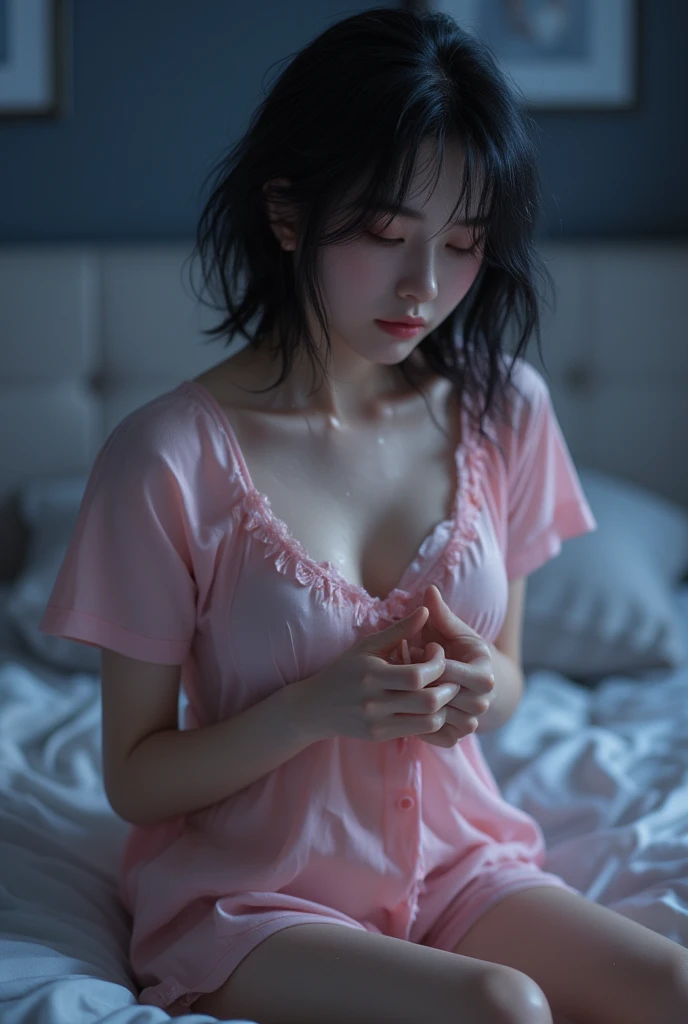(Real: 1.5, Tabletop: 1.5, 8k), (Top Quality, Masterpiece, Ultra High Resolution), Perfect Dynamic Composition, Professional Camera Work: 1.4, Highly Detailed Skin and Face Texture: 1.3, Mysterious Portrait: 1.3, Glow Light Effect, Ultra Detailed, Alone Girl, ((Night View from Inside a Building, Pitch Black Room: 0.9, Night Moonlight Shines Through the Glass)), ((Pale Pink Nightgown)), (Model Body), Clear Face, (Beautiful and Attractive Eyes: 0.9, Dreamy Expression: 1.0, I Love You From the Bottom of My Heart: 0.8, Beautiful Erotic Taste: 0.7), (Wet Dark Brown Bob Cut), Candle, Large Breasts, ((cleavage)), breast grab, Necklace, (Sitting on Bed, Sitting Cross-legged), ((Attractive Functional)), Bed, Bedroom, Covered Nipples, ((Blushing:1.37)), No Panties, No Bra , Thin Eyebrows, skirtlift