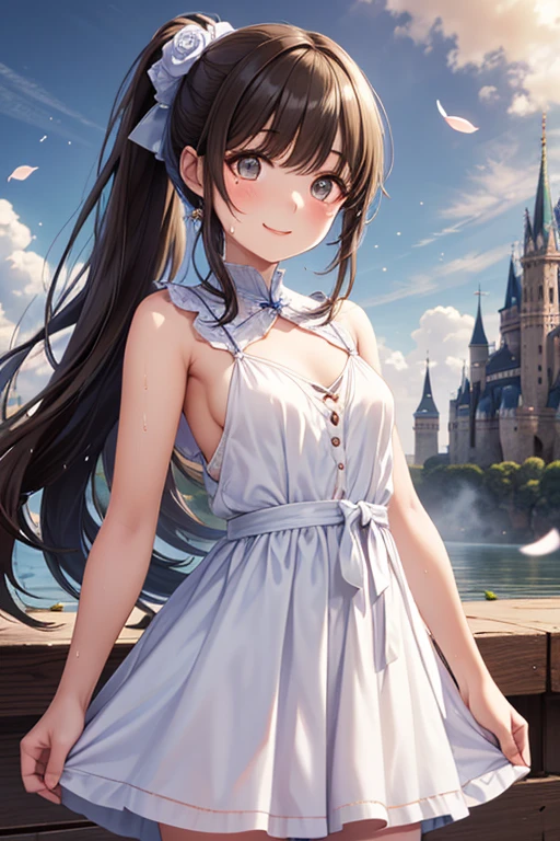 Fantasy worldview、A beautiful 17-year-old princess from the Kingdom of Beautiful Women、((A smile that is loved))、Beautiful braided hair、Gorgeous and beautiful dress、Castle Square、A beloved expression、Standing Elegantly、