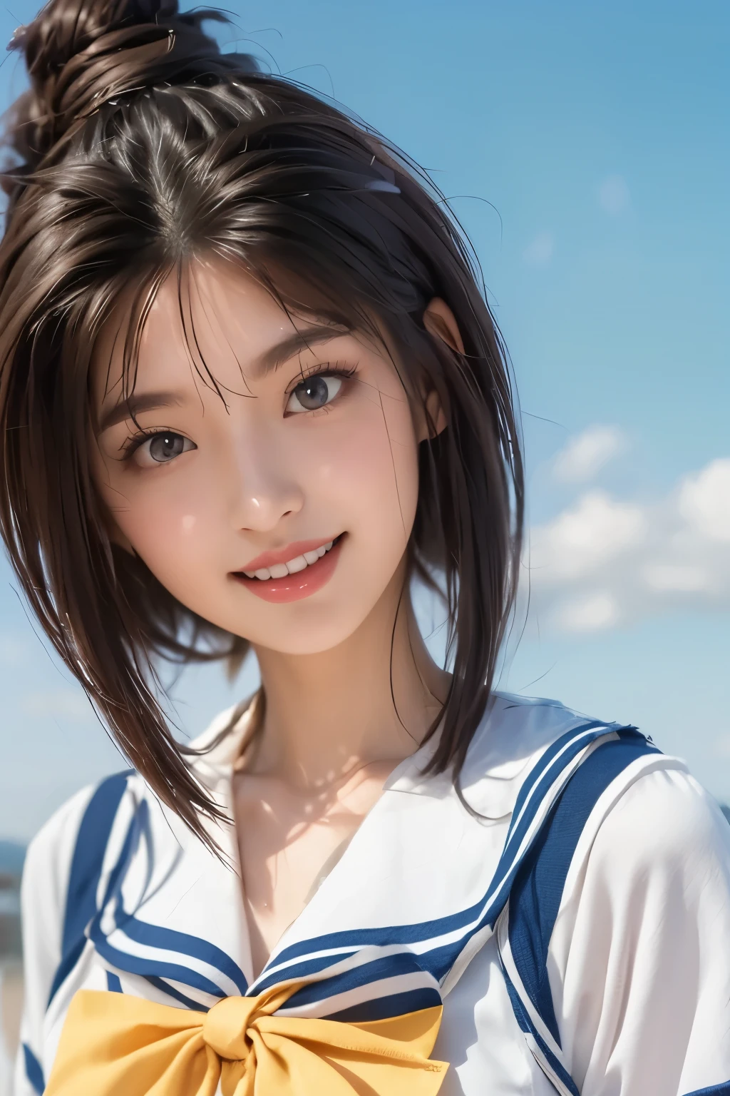 light blue sailor suit、yellow bow