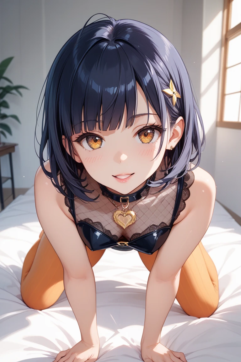 Hands behind back,Tied up with hands behind back,front view,1girl,Beautiful girl at 13 years old,Japanese,Slender,small breasts,Baby Face,Small face,Black Hair,Row Twin Tails,Gray Eyes,Drooping eyes,middle School girls,A transparent black and yellow negligee,Sexy Lingerie,open mouth,tongue out,front face,Kneeling,Put your chin forward,Beautiful and detailed anime art,A mischievous smile,front view,high angle, looking at viewer, looking ahead, from above,face focus,Sexy vibe,cum on tongue,Dimly lit room,Beautiful room,On the bed,VIP Room,Hotel Rooms,Soft lighting,Simple room,