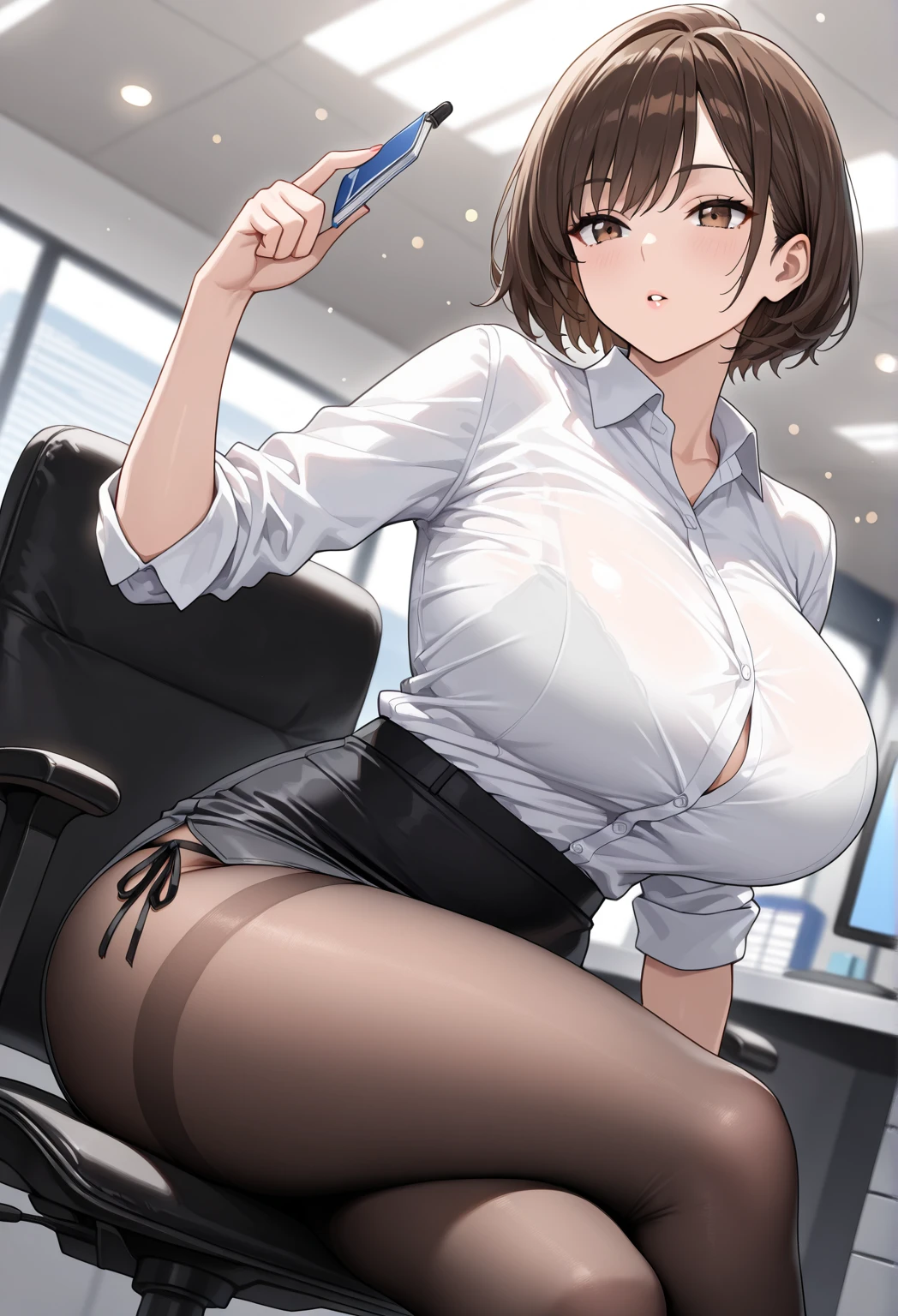 (SFW), woman in office room, (((Sweat))), ((From the thigh up)), Sit at a desk, White wall, Grey table, plant, window, Masterpiece of posing, ((Highest quality)), ((Complex)), ((Surreal)), Stupid reply, woman,, perspective, Very detailed, ((((Huge saggy )))), Perfect hands, Finger details, Beautiful and beautiful eyes, short hair, Brown eyes, chief executive officer, (suit:1.2), Office Shirt, hand on black スカート, Black Choker, Earrings, stockings, pantiesled Background, Captivating eyes, Looking at the audience, ((close your eyes, The expression of ecstasy just blimax)), shout, From