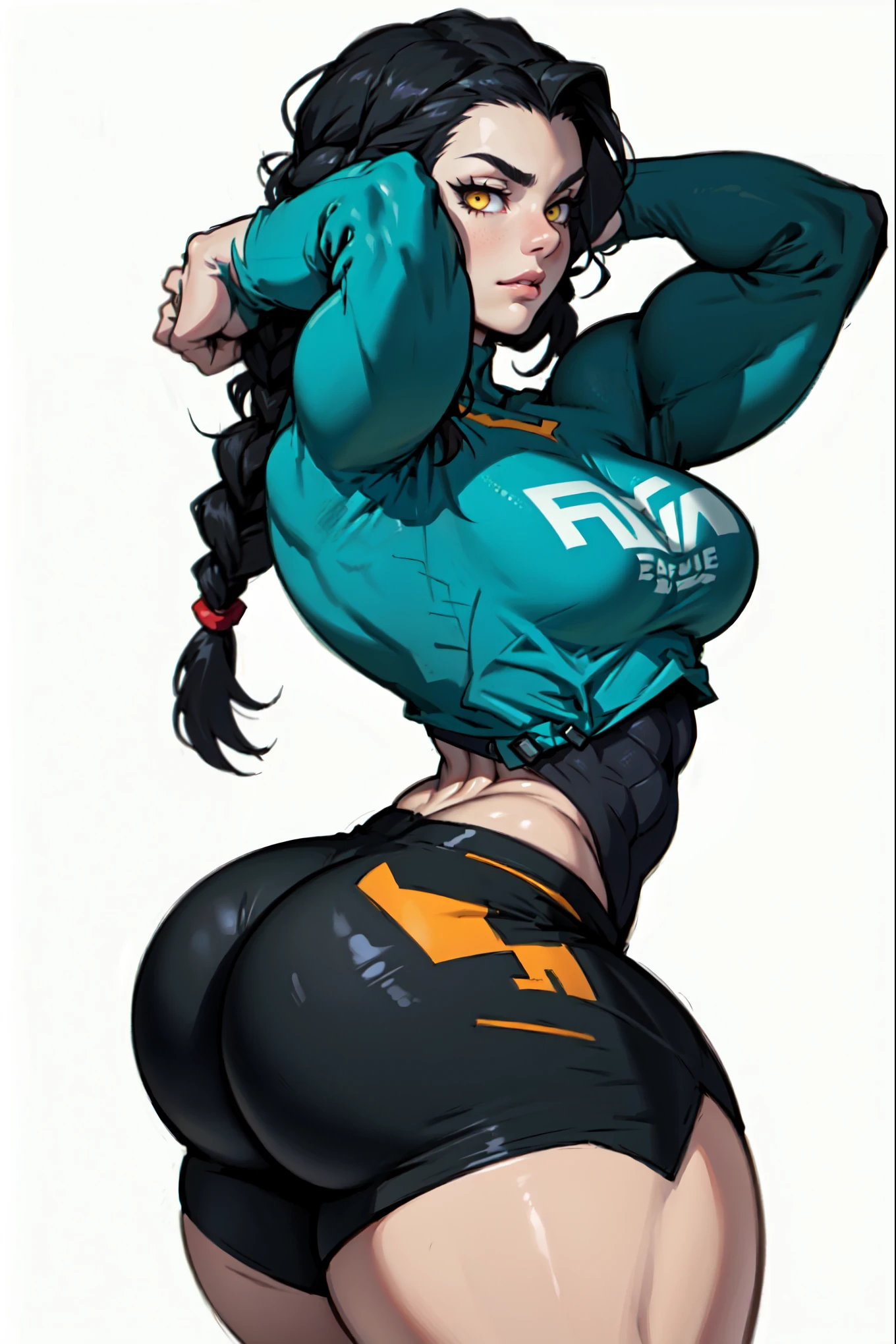 (High resolution), (in 8K), (Extreme Detail), (Best Illustration), (beautiful detail), (Best Quality), (masuter piece), ( Detailed face),jillvalentine (Sportsbra、Sports pants)Vicious look、full body Esbian、((posterior view、backs、Sticking out the buttocks、Looking back))Realistic fantasy rendering, Realistic anime girl rendering, Full body portrait, (Big Breast: 1.4) popular in CGSTATION, 4K,highlight in eyes、sports gym、Sweating、Rough breath
