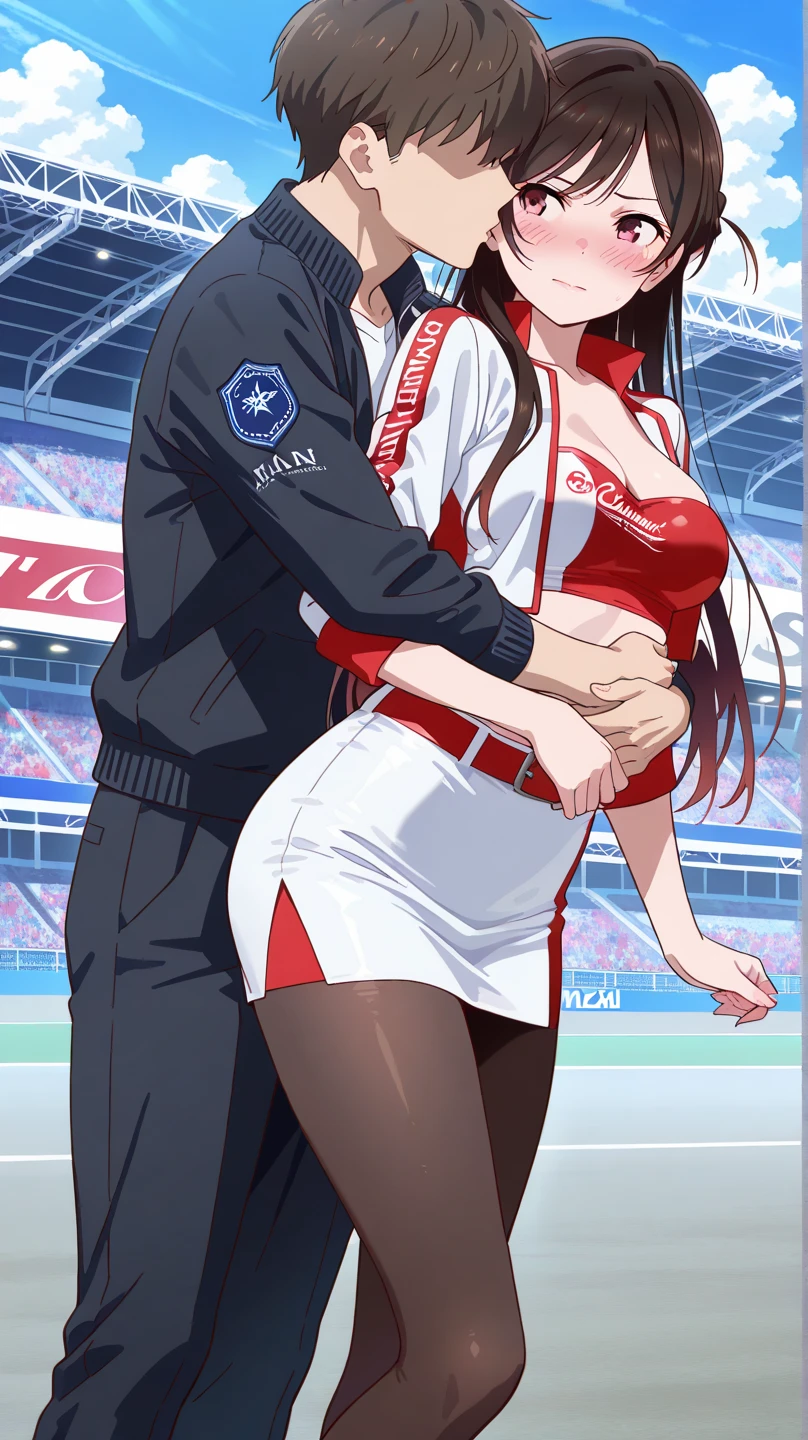 Meisterwerk), high resolution, (Extrem detailliert), fotorealistisch, 女の子1人, (((sehr langes, lockiges, kirschrotes Haar, seductive bright red eyes, largeeyes, Augen, niedliches Gesicht, kleines Gesicht, Scharfes Gesicht, gorgeous eyes, Blutjung, big legs, dicke Beine:1.7, wahnsinnig schmale Taille:1.3, medium boobs:1.3, flush, (Extrem sexy, sexy, sexy, sexy, sexy, sexy)))), ((Glatte Haut, Weiche Haut, Pralle Haut, students uniform, leotard, bare legs, belt, highleg, belt around hips, dancing partner, dancing together), male and female))