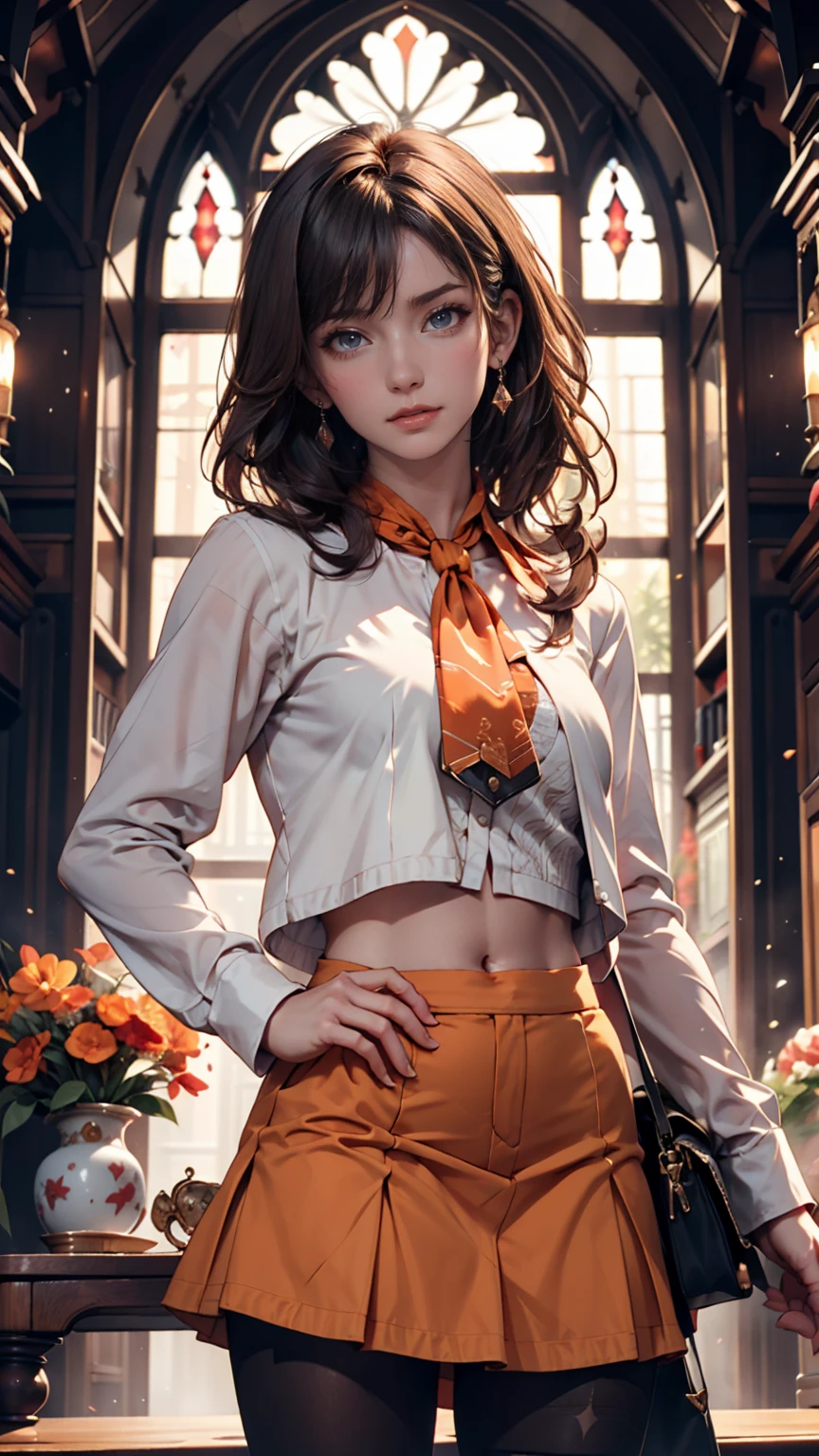 One girl, Intricate details, masterpiece, Highest quality, Very detailed,Cinema Lighting, Beautiful sparkle, Beautifully detailed face and eyes, 8k, Dark intense shadows, Yellow Eyes, Medium Hair, Black Hair, bangs, Floating Hair, Black jacket, Open jacket, White shirt, Expressionless, Yellow tie, Black Skirt, Spotlight, sunlight, sunrise, Gradient Sky, city, Lens flare, Cowboy Shot, [[Curvy]], [Mature Woman]