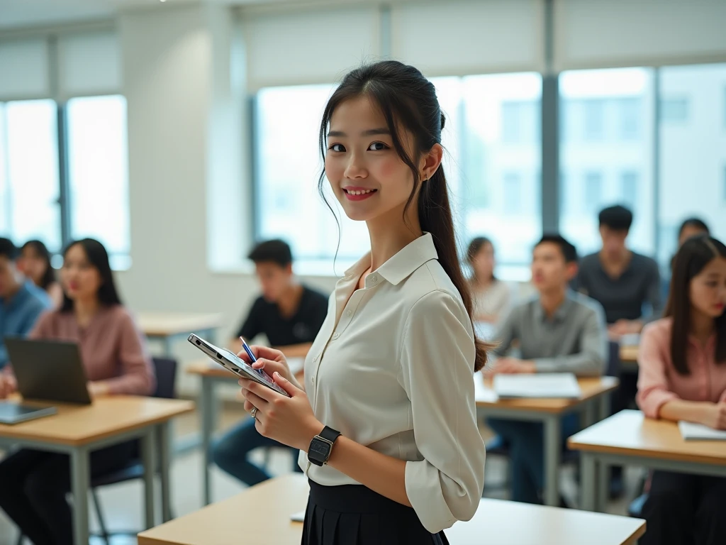 University lecture hall, university psychology associate professor, ((full body)), ((photo)), ((best qualtiy, 8K, tmasterpiece:1.3)), Focus:1.2, perfect figure beautiful woman:1.4, 1woman, cowboy shot, look at viewer, eyes facing the camera, incredibly absurd, beautiful and cute woman with a photorealistic face, showcasing top-quality craftsmanship, A Japanese woman giving a lecture at a university lecture hall, 27 years old, with a bob cut and flipped hair, short bangs swept at an angle, smooth and shiny hair, natural hairline, fair and smooth skin, plump and healthy cheeks, large, jet black eyes, round eyes, long and upward-facing eyelashes, double eyelids, thin and straight eyebrows, small and round nose, plump lips, upturned corners of the mouth, charming smile, cute face, glamorous, well-balanced proportions, tall, beautiful D-cup breasts, silver-rimmed glasses, pink blouse, black tight skirt, fashion with a waist-marked silhouette, scarf, heeled shoes, vanilla perfume, beautiful, pretty older woman, glasses suit her, knowledgeable, playful, curious, intelligent, elegant, November