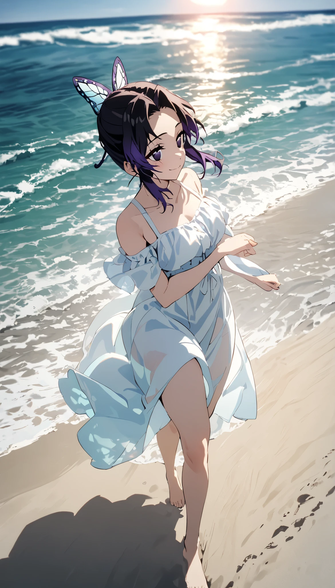 8k,masterpiece,highest quality,Women,alone,Shinobu Kochou , dark purple hair,On the beach,she walking barefoot on white sand, wearing a bright summer dress, a smile reflecting happiness, the sun reflects on the surface of the water,While the waves gently touch their feet, in the background the blue horizon can be seen with soft white clouds, bringing an atmosphere of calm and natural beauty