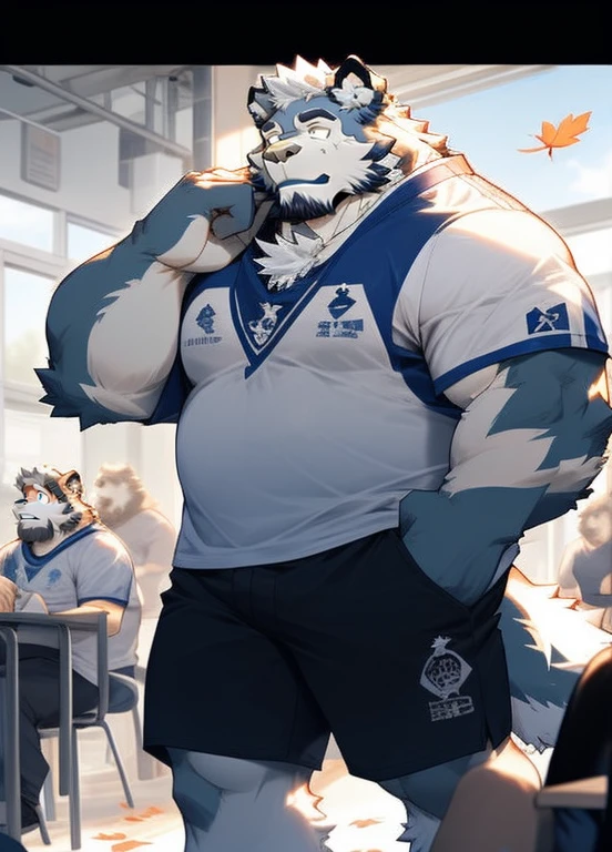 furry，Ultra-clear，16k，full body portrait，Full body close-up，Facial clarity，Bright Eyes，delicate eyes，Worm's eye view，solo focus，Main body gray，Canidae，Big dog，Wolf，male，juvenile，student，high school student，sports student，young，Tough Guy，Silver-gray hair，golden eyes，Eyes as bright as the sun，tall and strong，Muscles all over the body，Large pectoral muscles，8 pack abs，Powerful biceps，thick tail，thick arms，generous palm，Wide and thick wolf claws, wide and thick animal feet, wide and thick wolf feet, sharp animal claws, sharp wolf claws，Perfect body proportions，Handsome，cute，Cool，youth，Aloof，Looks sunny，Strong build，Young face，Powerful and domineering，Be honest and honest，Humble，sexy，Aggression，hormones，Middle two diseases，Eighth-grader syndrome，half naked，no clothes，No shirt，shirtless，briefs，barefoot，no shoes，cold，indifferent，Poker face，stand，upright，hands in pockets，looking at the audience，erectile，tempting