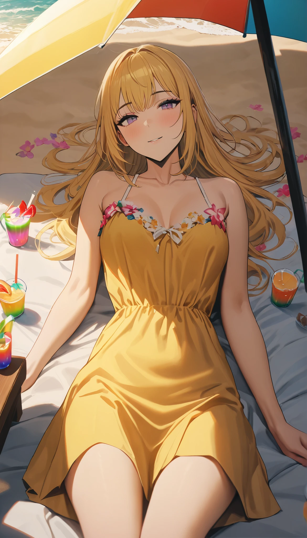 8k,masterpiece,highest quality,Women,alone,Cha Hae In, yellow hair,At the beach, she lies on a comfortable bed under a colorful umbrella, sunshine shining on her face, with light shades on golden sand,Wearing a bright summer dress, surrounded by colorful juice cups on a small table, the atmosphere is full of relaxation and happiness