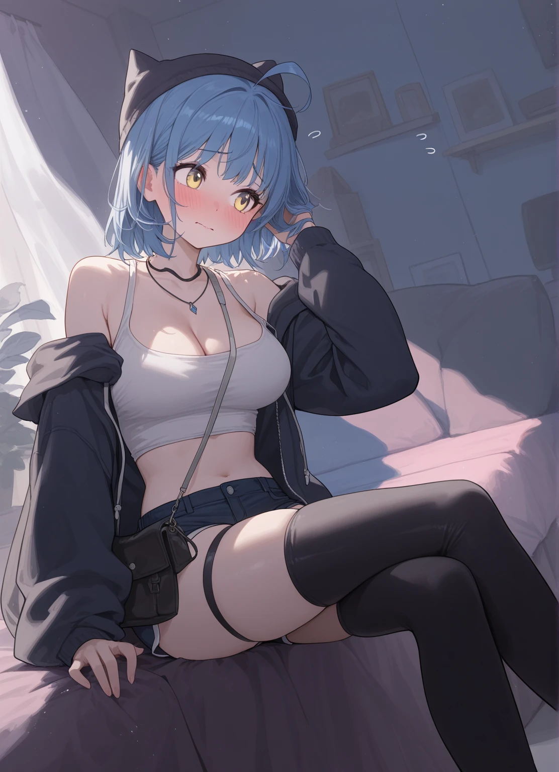armpits, medium breasts, naked, sitting on toilet, short hair, nipple, spreading legs, showing genital, view from above, abs, angry, peeing