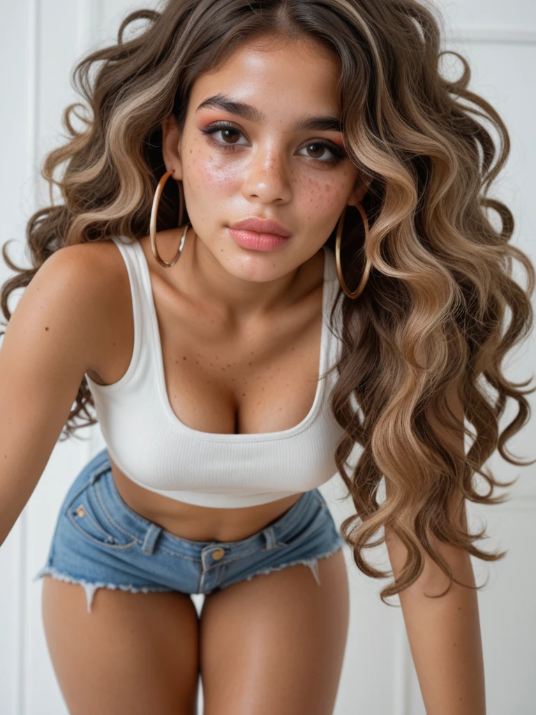 A pretty 17 year old white mulatto girl with long hair with wavy fringe with a cute and pretty face showing her sexy shoulders in her room sweaty from the heat
