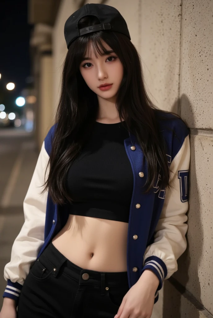 (( Russian Mix )) , has a strong gaze、
(( Top Quality )), , ( bust size E cup ), staring at the camera with complicated eyes , 、 、( crop top、varsity jacket ), perfect eyes, (( is tall ))、 staring at the camera )) 、 perfect eyes, (( is tall ))、 beautiful late night background manila philippines 、 、(Chest for Men), very far away from camera , face is similar to karina from aespa, very full bangs, visible background, bowl bangs, black hair, wearing cap, leaning on wall