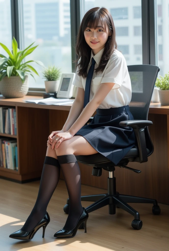 One person10A woman who looks her age、smile、Long, blue hair、Thin glasses、White clothes、See-through shirt、ribbon、short black pleated skirt、Pink underwear、loose socks、Inside a skyscraper office at night、Spread your legs、Thin and lean legs、Stiletto heels