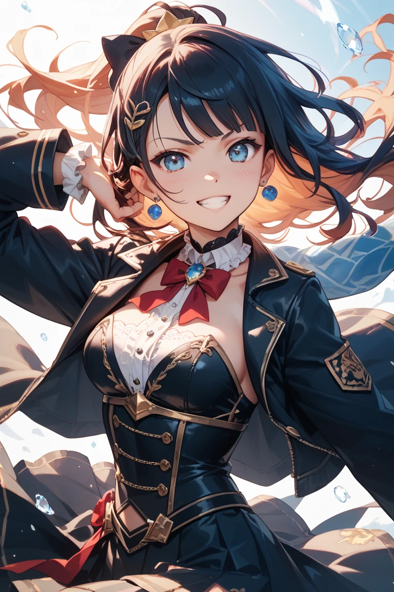 looking at the viewer, 1 girl, smile, Virtual YouTuber、with a girl、((highest quality, expensive_solve, clear_image)),(black hair), (black cat ears), (Ahoge), (ridiculously short hair), (wavy hair), (blue eyes),、Sorry face、very big breasts、