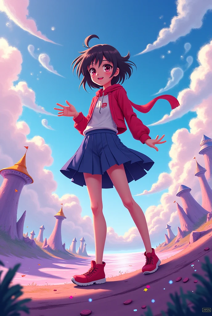 A 9-year-old girl, pelo oscuro,pelo largo, ojos celestes, vestiso rojo, dragon ball, collar con una piedra roja