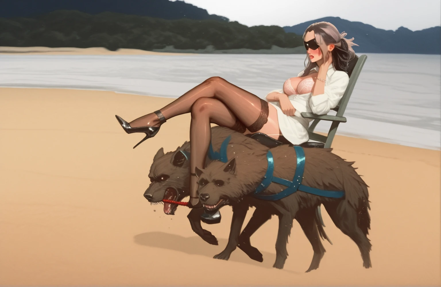 NSFW (nude) (Melissa Benois ((human)) small breasts, strip of pubic hair) vaginal penetration, fucking male furry pitbull with dog penis, full body, on a deserted beach
