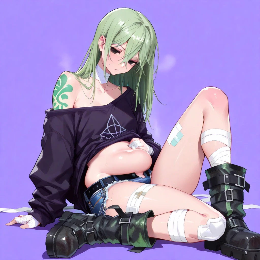 A naked girl on display in the city、Feeling embarrassed、Open your legs 180 degrees、I have a clit piercing、Chains are connected to the clit piercings、Crouching down with knees raised、With legs apart、Pussy、Yellow-green hair