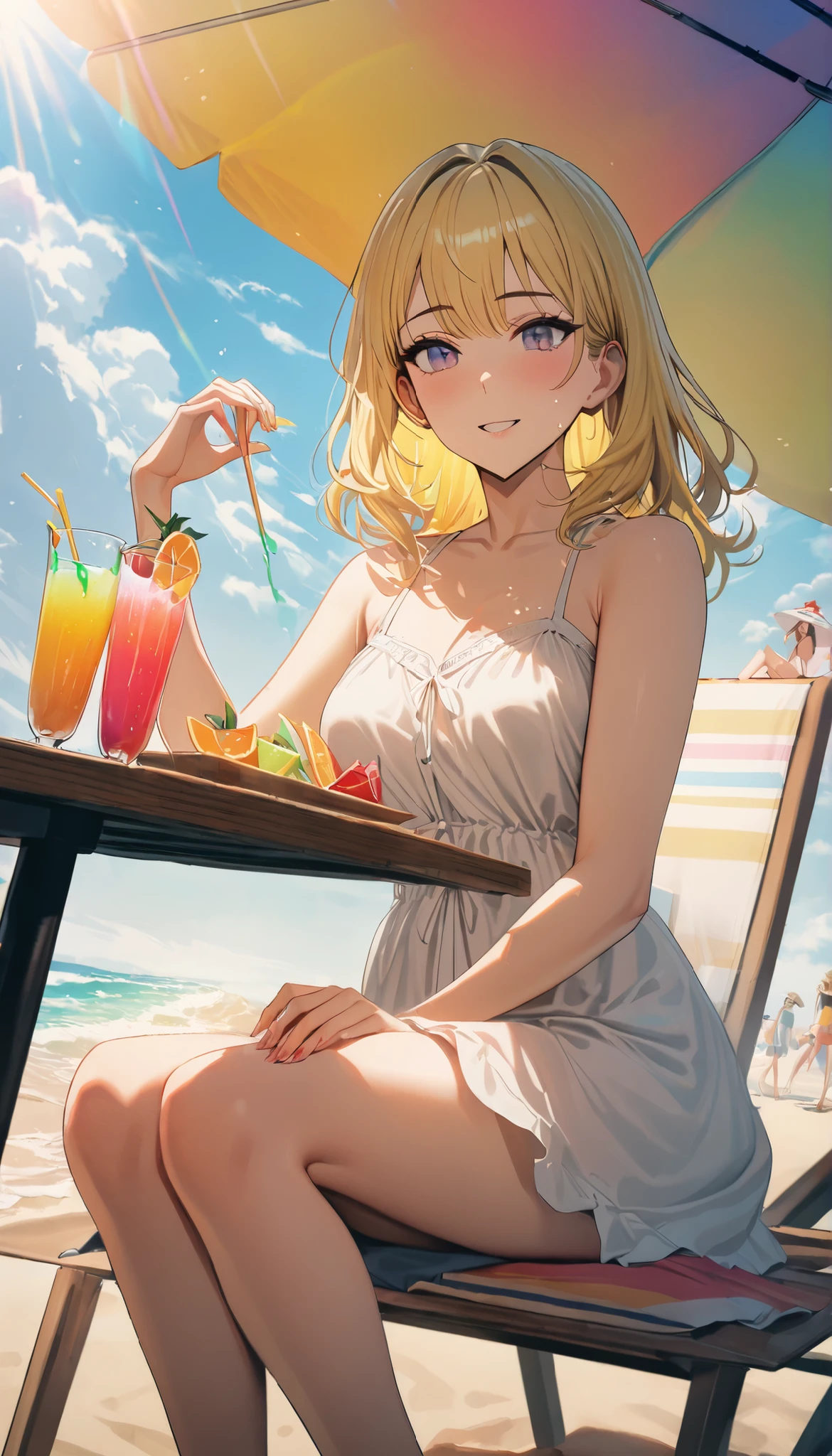 8k,masterpiece,highest quality,Women,alone,Cha Hae In, yellow hair,At the beach, she lies on a comfortable bed under a colorful umbrella, sunshine shining on her face, with light shades on golden sand,Wearing a bright summer dress, surrounded by colorful juice cups on a small table, the atmosphere is full of relaxation and happiness