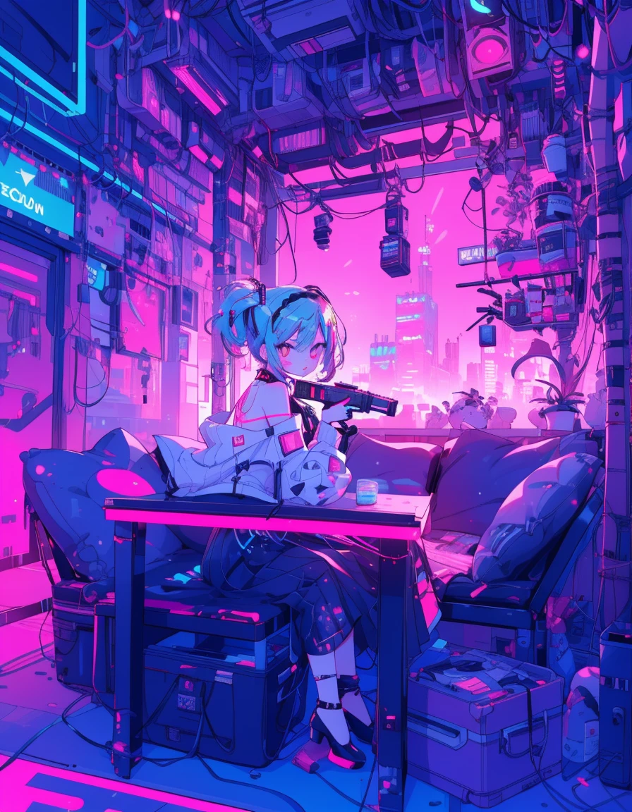 (masterpiece), Highest quality, Expressive eyes, Neon pastel aesthetics, Retro 90s, Neon color,((Girl sitting on sofa,In a cozy room,Records hanging on her wall, Comic books on the floor, Looking out the window behind her at the night city, Upholstered room, Anime figures lined up on a shelf)), Wearing headphones, (All around her it sparkles), (wearing thick colorful sneakers), (blue eyes), (Soft look), (Synthwave Art Style), Colorful Hair, Desk with PC set up
