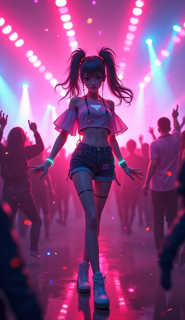 Club in the dark night, strobe lights, blue, purple, red, vibrant colors, dancing