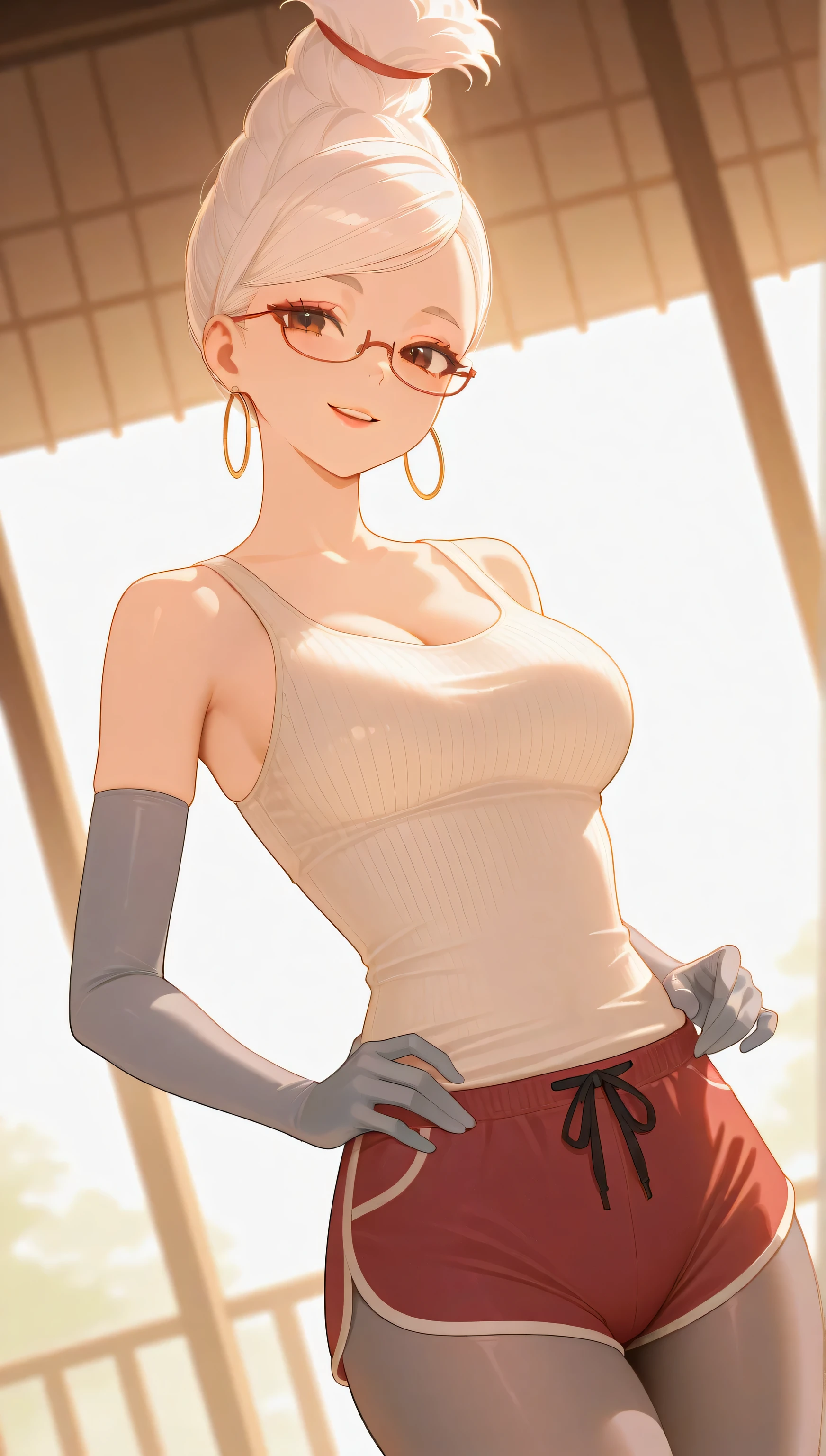 (masterpiece), (portrait), medium breasts (aesthetics), ((1 female 21 years old)), Highlight earrings, hoop earring), ((hair tied at the end )), ((Hot crystal white hair, hair up, side bangs)), ((Seiko Ayase)) straight hair, thin eyes open, cold look, dark brown eyes, mature woman, naughty, mischievous smile, lane, woman, feminine, beautiful, female features, top, high quality, aesthetic clothing, professional angle, (rule of thirds), (feminine), , (beautiful) , (female), solo, (Korean attractive), summer, (ink haze), (afternoon), (vibrant light), seductive posture, ((face looking forward))), Seiko Ayase, white tank top, gray gloves, elbow gloves, short dolphin shorts, short gray tights, gray pantyhose, mischievous smile, sensual ((Energy, knitted fabric on the abdomen)), (Bold Makeup), (medium Breasts), Fair Skin, (Clothes with Hip Hop Details), (a hot Seiko Ayase, sculptural body, sexy pose, sexdoll), (Sleep Neckline), Beautiful Hands, Body beautiful, beautiful ears, beautiful eyes, bright eyes, beautiful mouth, beautiful lips, stylish glasses, next to a Japanese temple