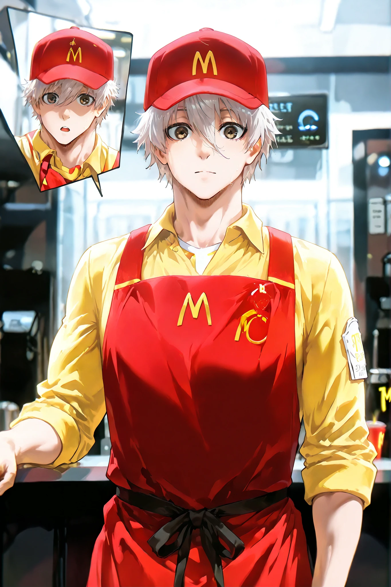 Nagi seishiro, (8k, HD), 1 boy, (masterpiece, best quality, absurdres, highres), amazing quality, very aesthetic, close view, perfect eyes, perfect face, volumetric lighting, yellow light falling on him, masculine, detailed background, short hair, masculine, boy, ager, looking at viewer

"Create an image of Nagi Seishiro from *Blue Lock* working at a busy McDonald's. He’s wearing the McDonald's employee uniform, which consists of a red cap, a yellow shirt with the McDonald's logo, and an apron. His expression is calm and focused, as he takes a customer's order at the counter with a polite, professional demeanor. The background shows the bustling interior of the McDonald's, with other employees working and customers enjoying their meals. Nagi's usual sleek, silver hair is neatly styled, and his posture is poised, reflecting his usual composed nature in a fast-food setting."