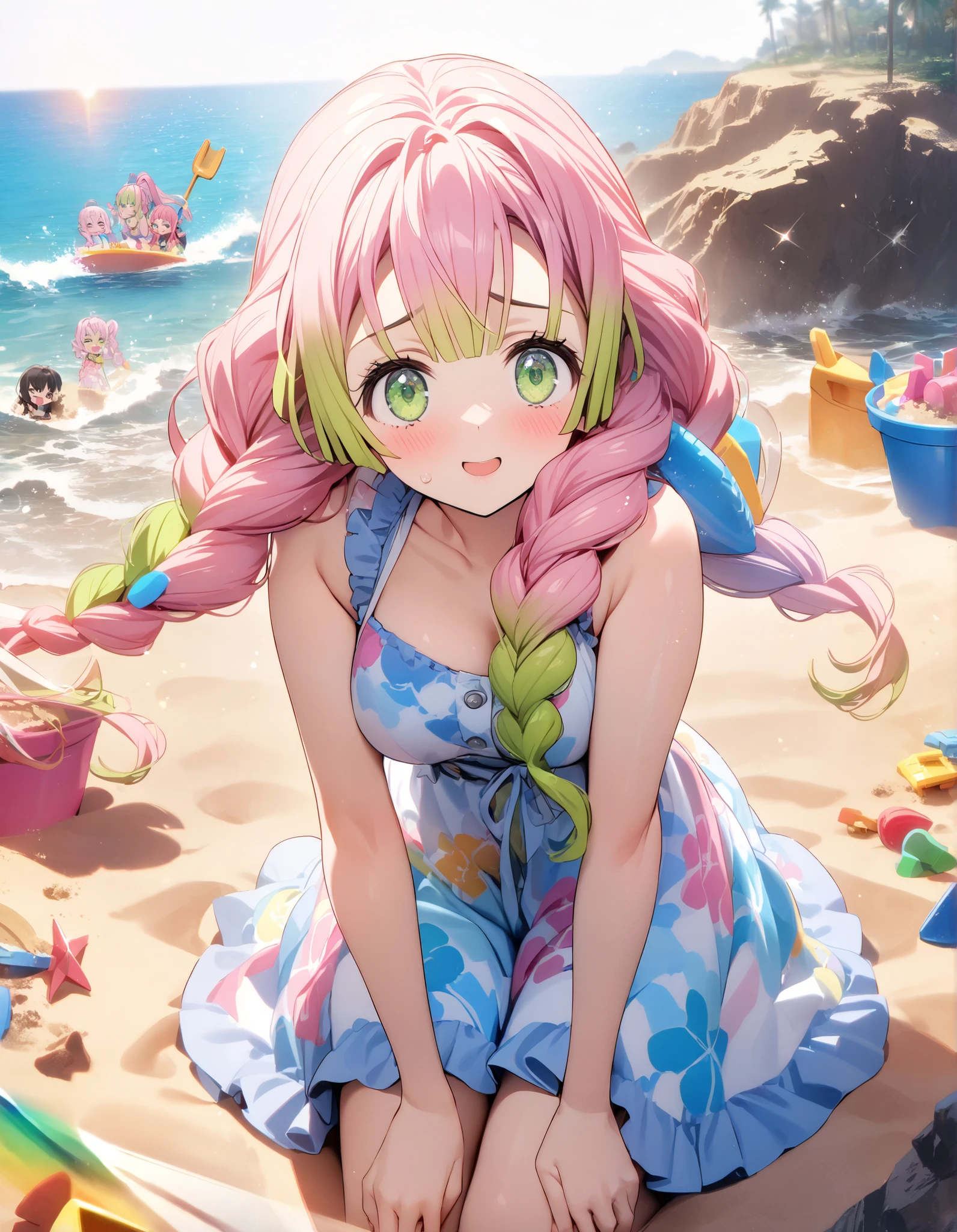 8k,masterpiece,highest quality,Women,Mitsuri Kanroji, pink hair,Sitting on golden beach sands, busy play a sandy castle, wearing a colorful summer dress and solar energy, surrounded by colorful sandy toys, such as a bucket and shovel,Blue Sea appears in the background with waves lightly crashing, the sun shining in the sky, her face expression full of joy and fusion into the game, while sandflakes scatter around